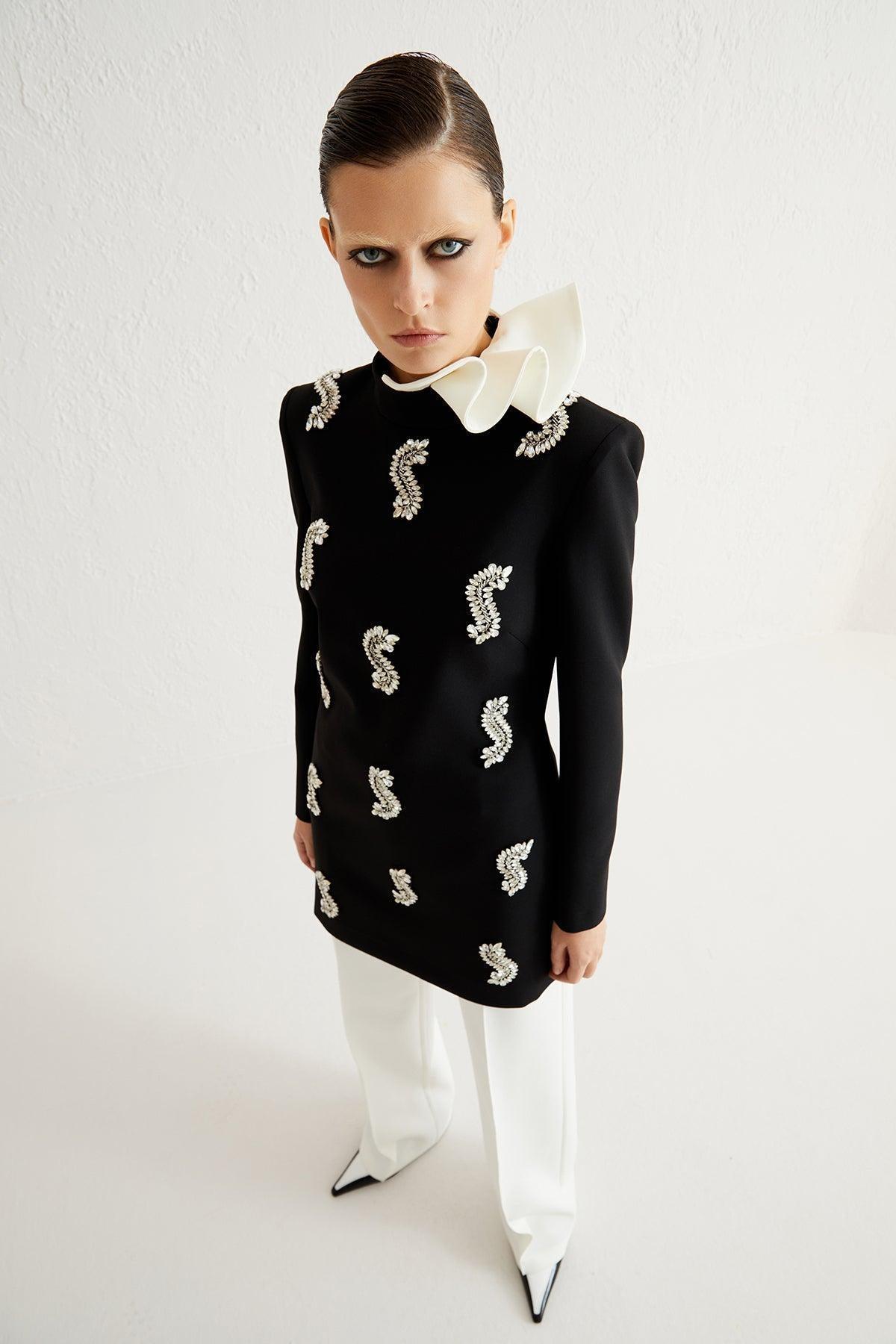 Kasnak İşleme Yaka Detaylı Mini Elbise - Eser Giyim