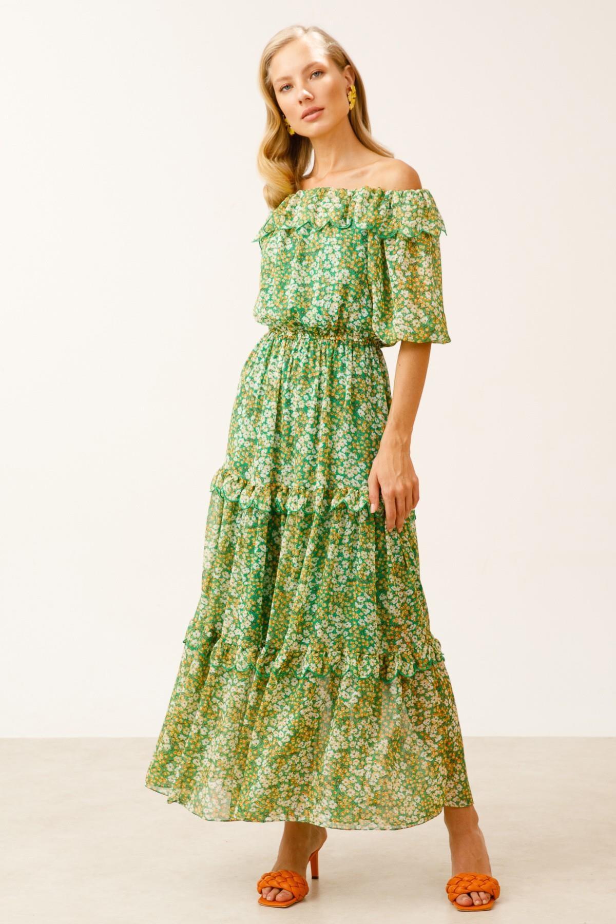Ekol Kayık Yaka Çiçek Desenli Maxi Elbise - Eser Giyim