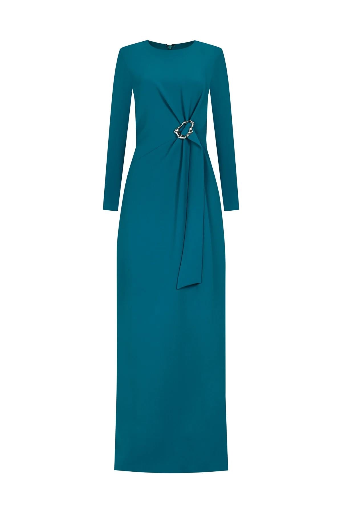 Belt Detailed Long Sleeve Evening Dress