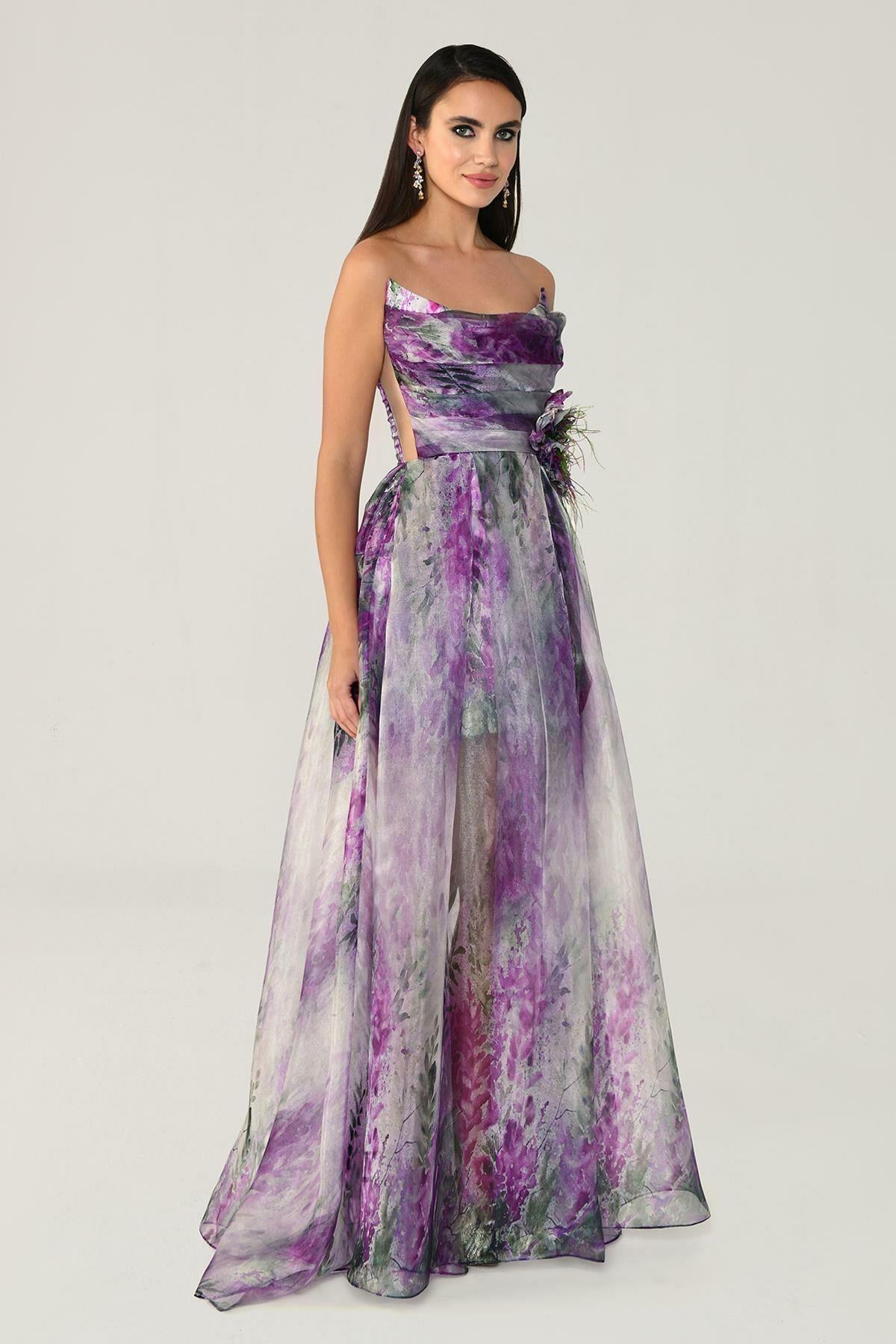 Kendinden Çiçek Desenli Askılı Tül Abiye - Eser Giyim