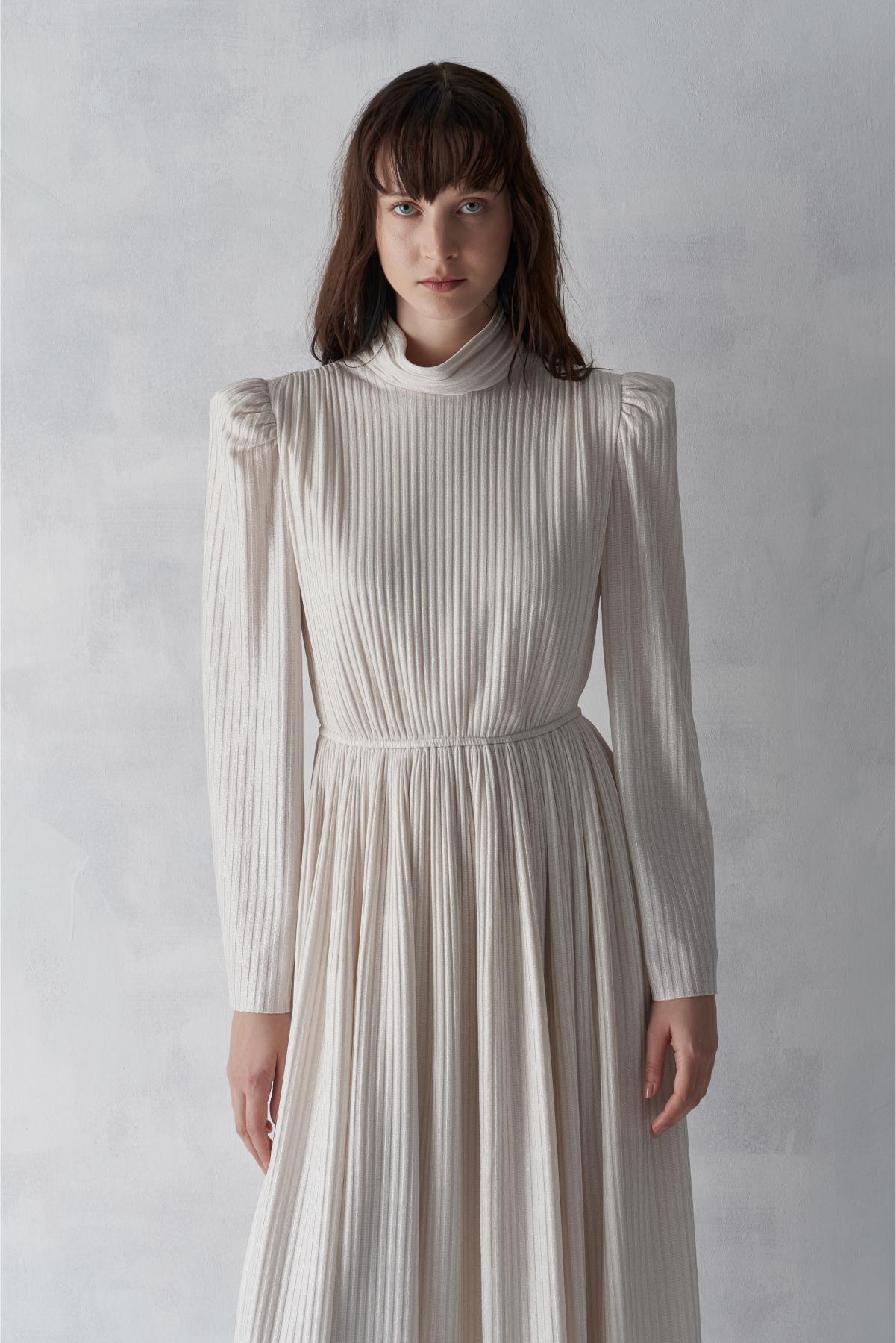 Kendinden Desenli Simli Bel Büzgü Kemerli Elbise - Eser Giyim