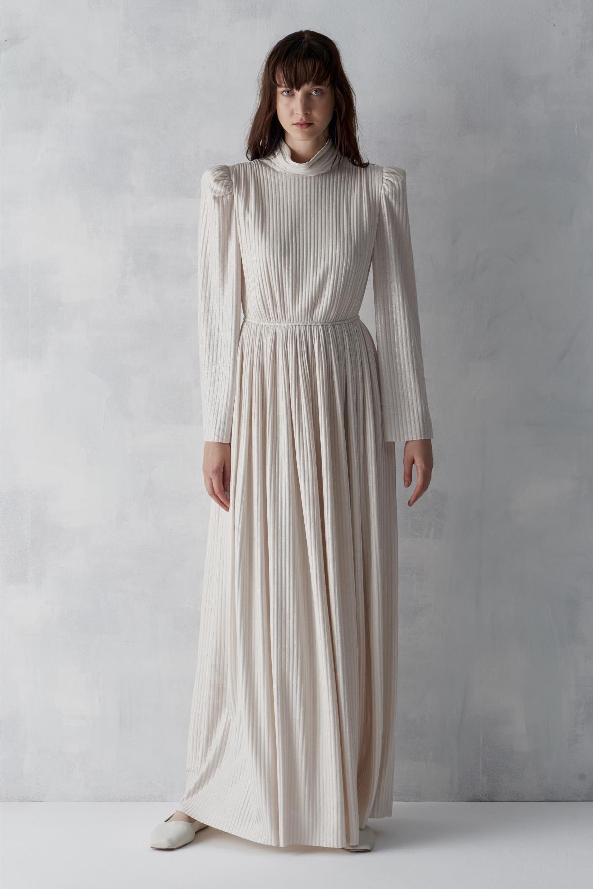 Kendinden Desenli Simli Bel Büzgü Kemerli Elbise - Eser Giyim