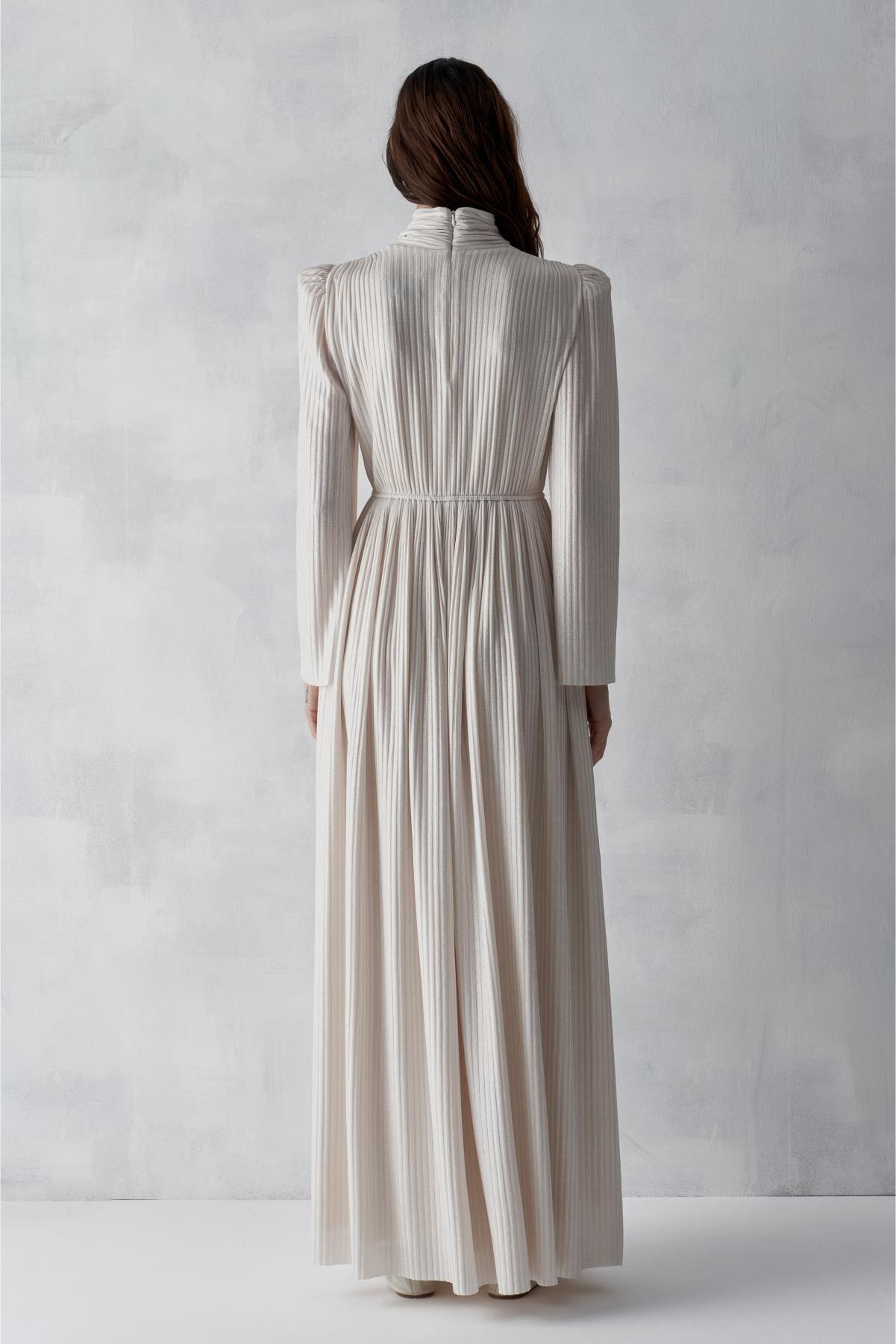 Kendinden Desenli Simli Bel Büzgü Kemerli Elbise - Eser Giyim