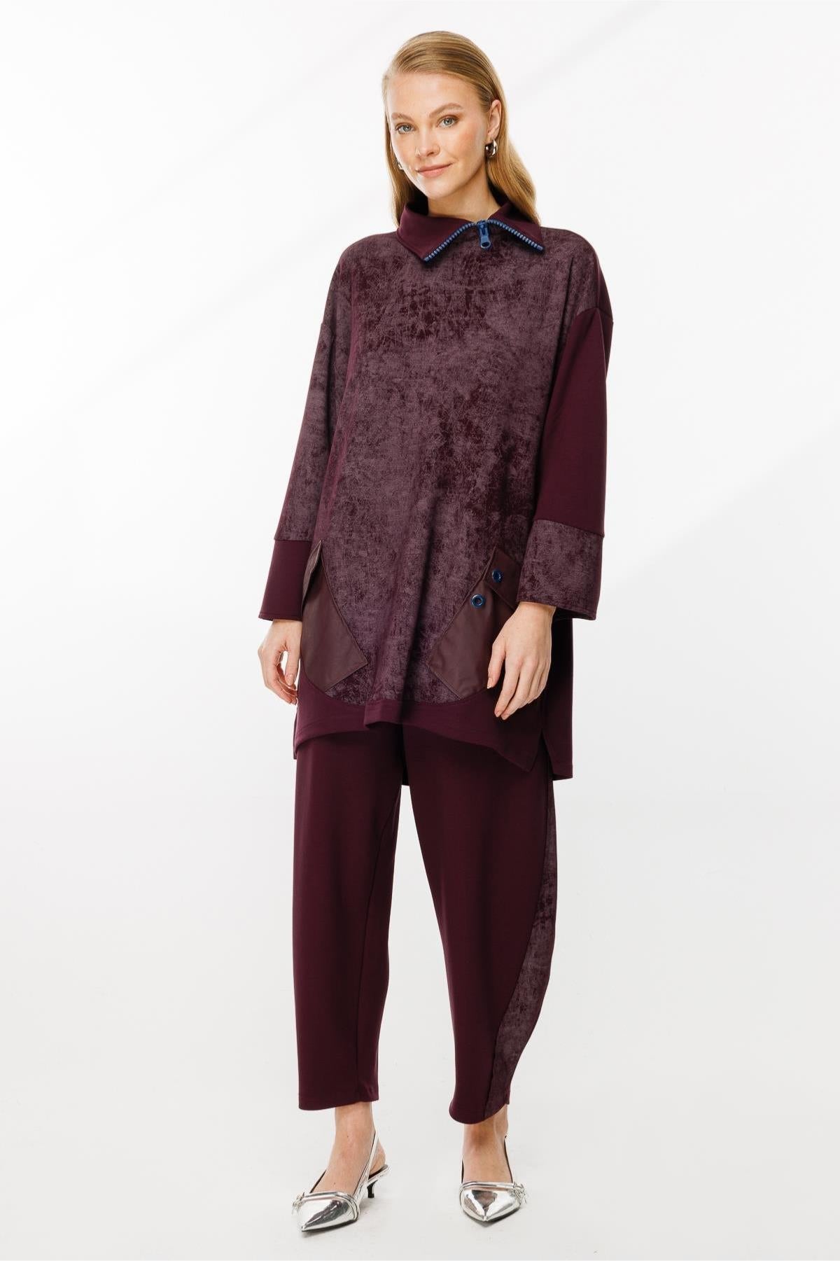 Self-Patterned Collar Zipper Detailed Tunic Set