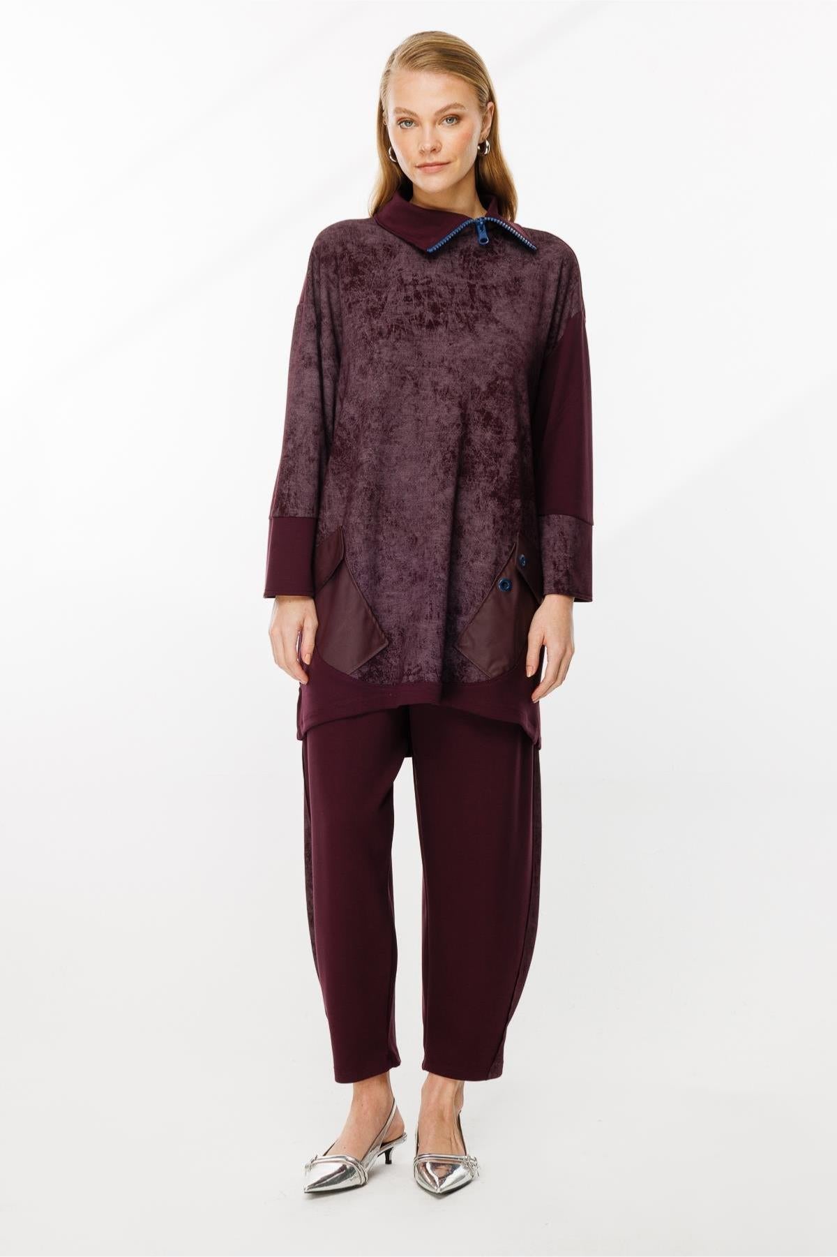 Self-Patterned Collar Zipper Detailed Tunic Set