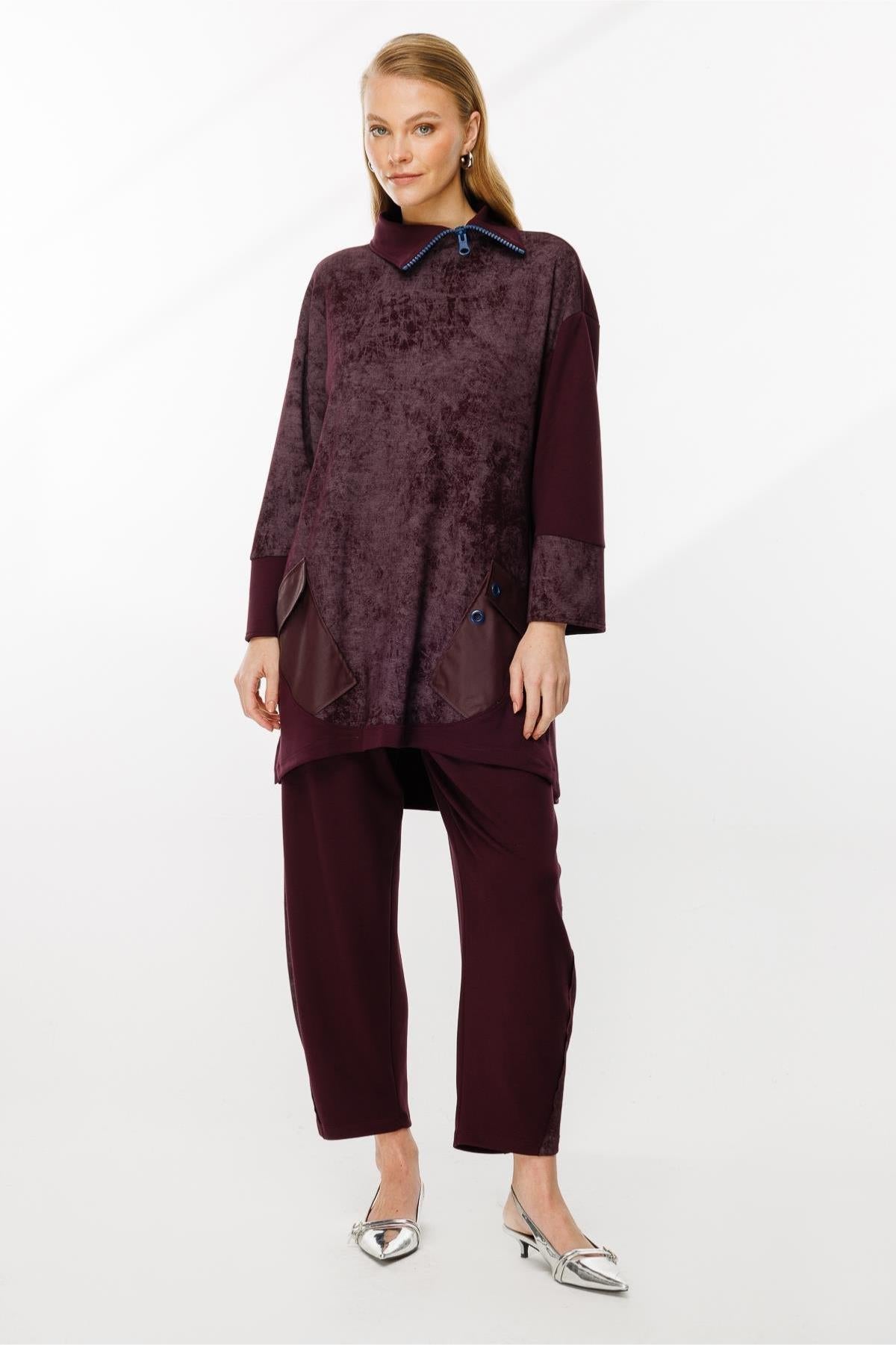 Self-Patterned Collar Zipper Detailed Tunic Set