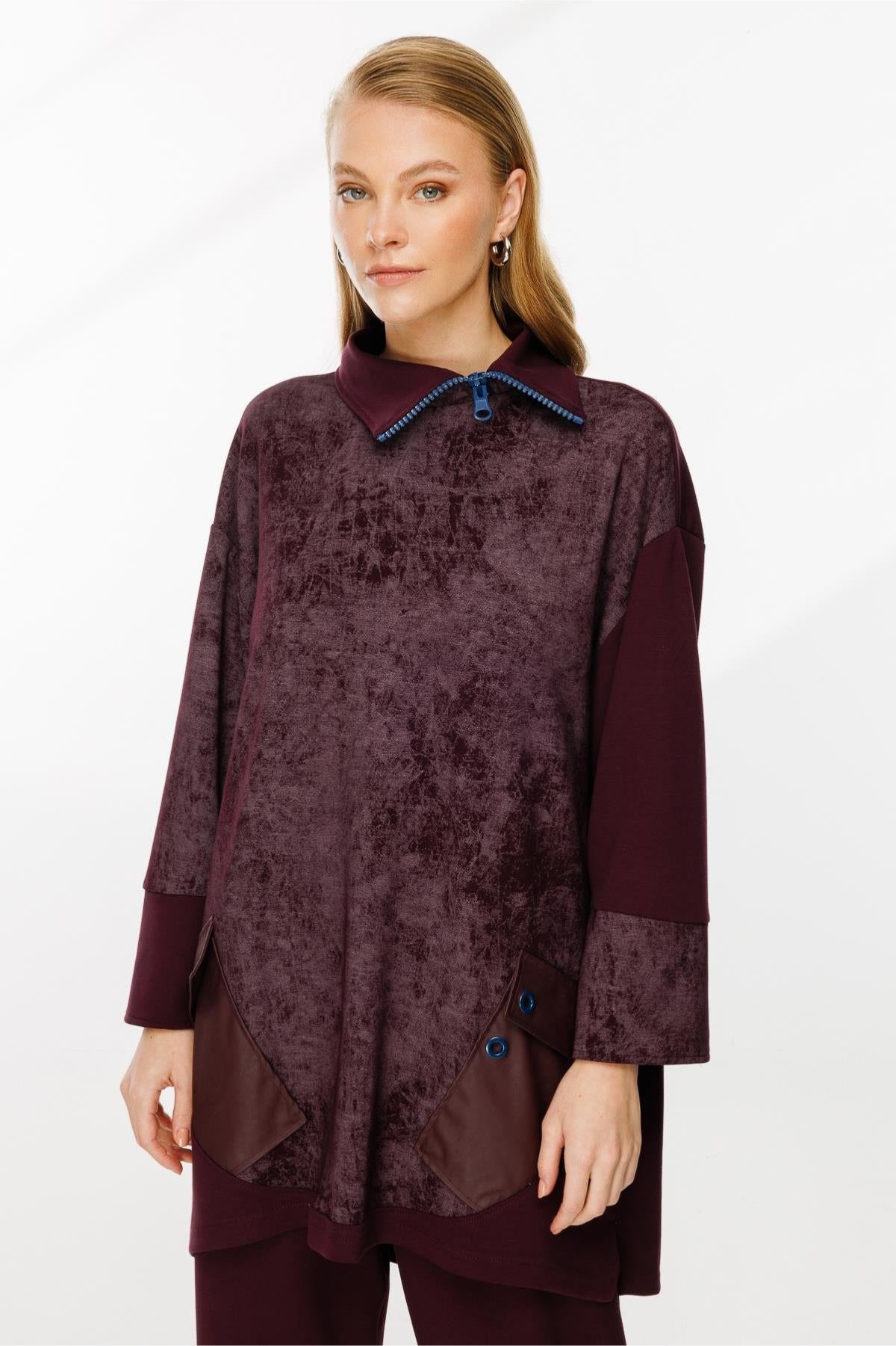 Self-Patterned Collar Zipper Detailed Tunic Set