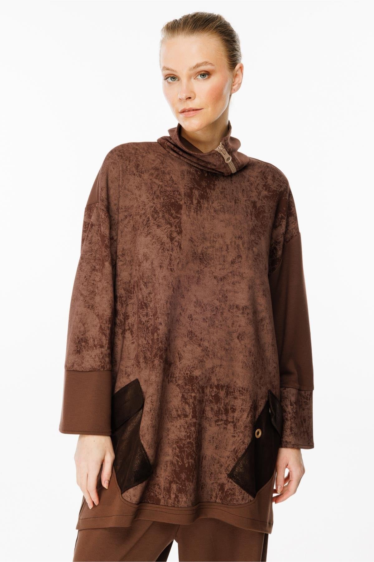 Self-Patterned Collar Zipper Detailed Tunic Set