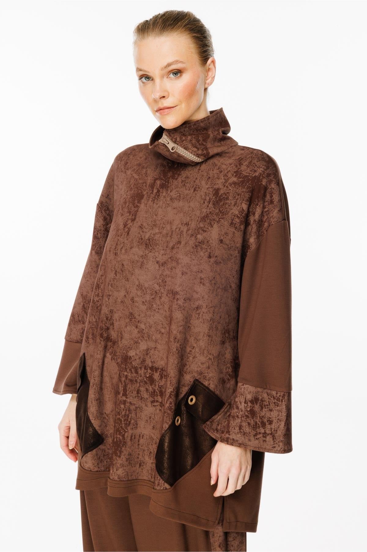 Self-Patterned Collar Zipper Detailed Tunic Set