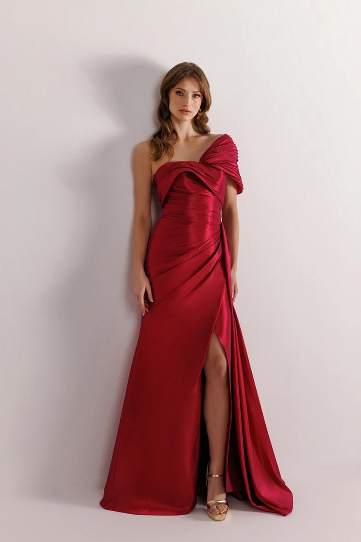Draped Waist One Shoulder Slit Evening Dress