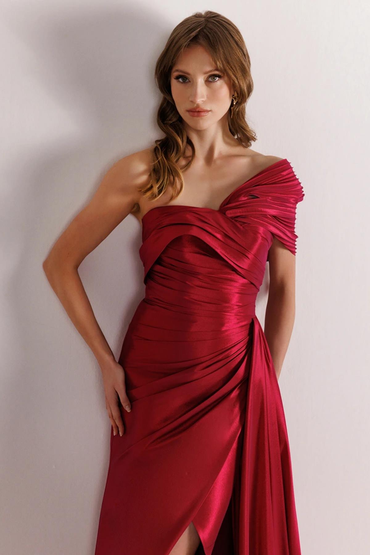 Draped Waist One Shoulder Slit Evening Dress