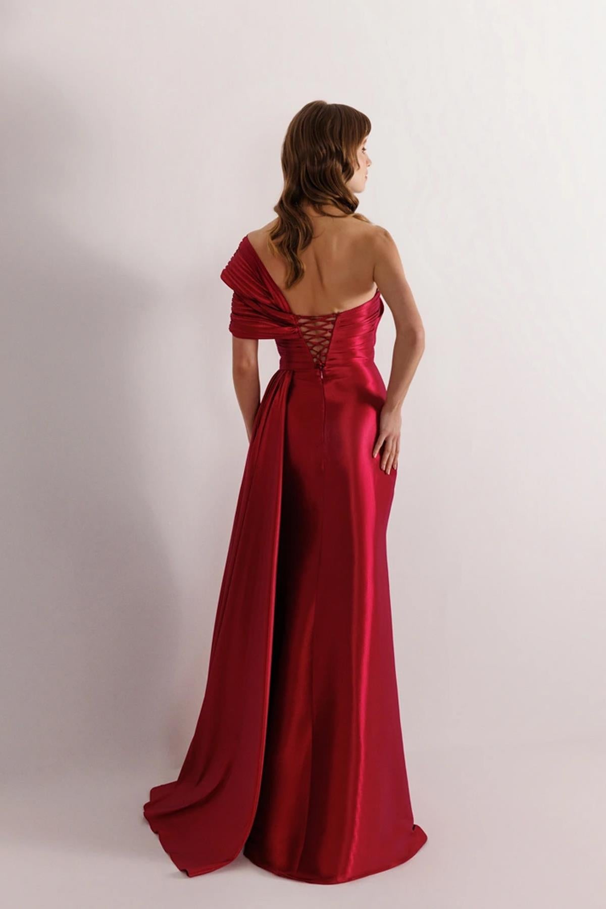 Draped Waist One Shoulder Slit Evening Dress