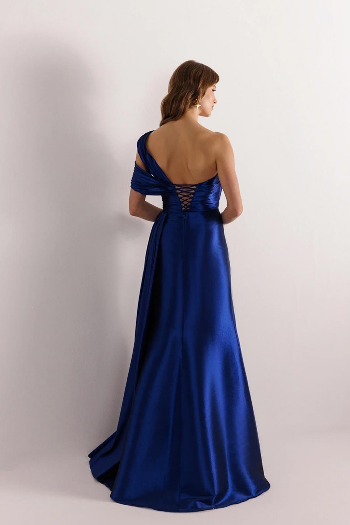 Draped Waist One Shoulder Slit Evening Dress
