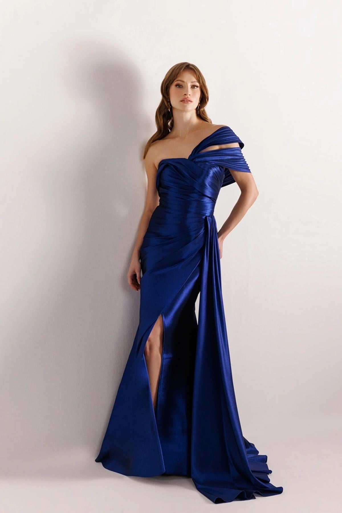 Draped Waist One Shoulder Slit Evening Dress