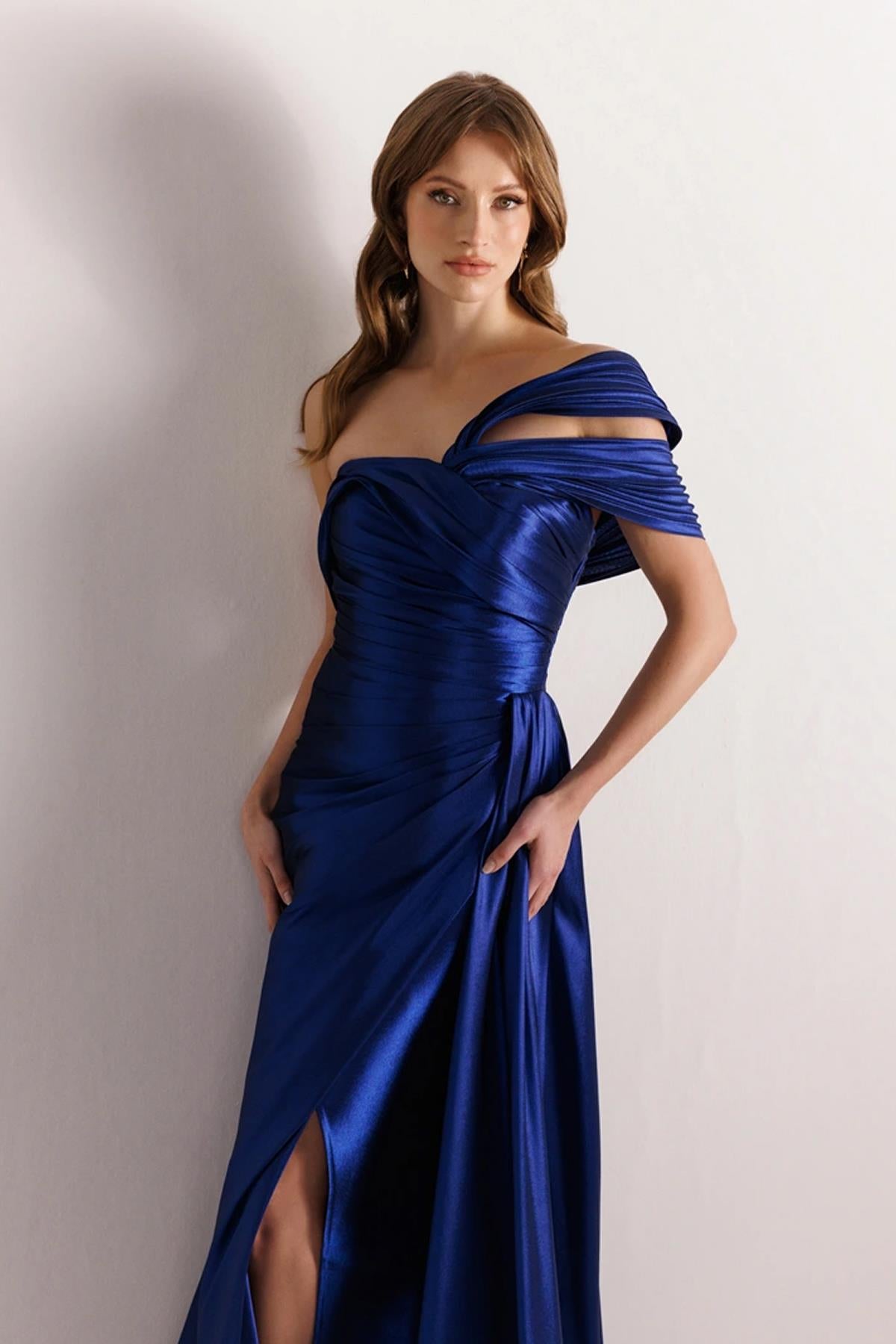 Draped Waist One Shoulder Slit Evening Dress