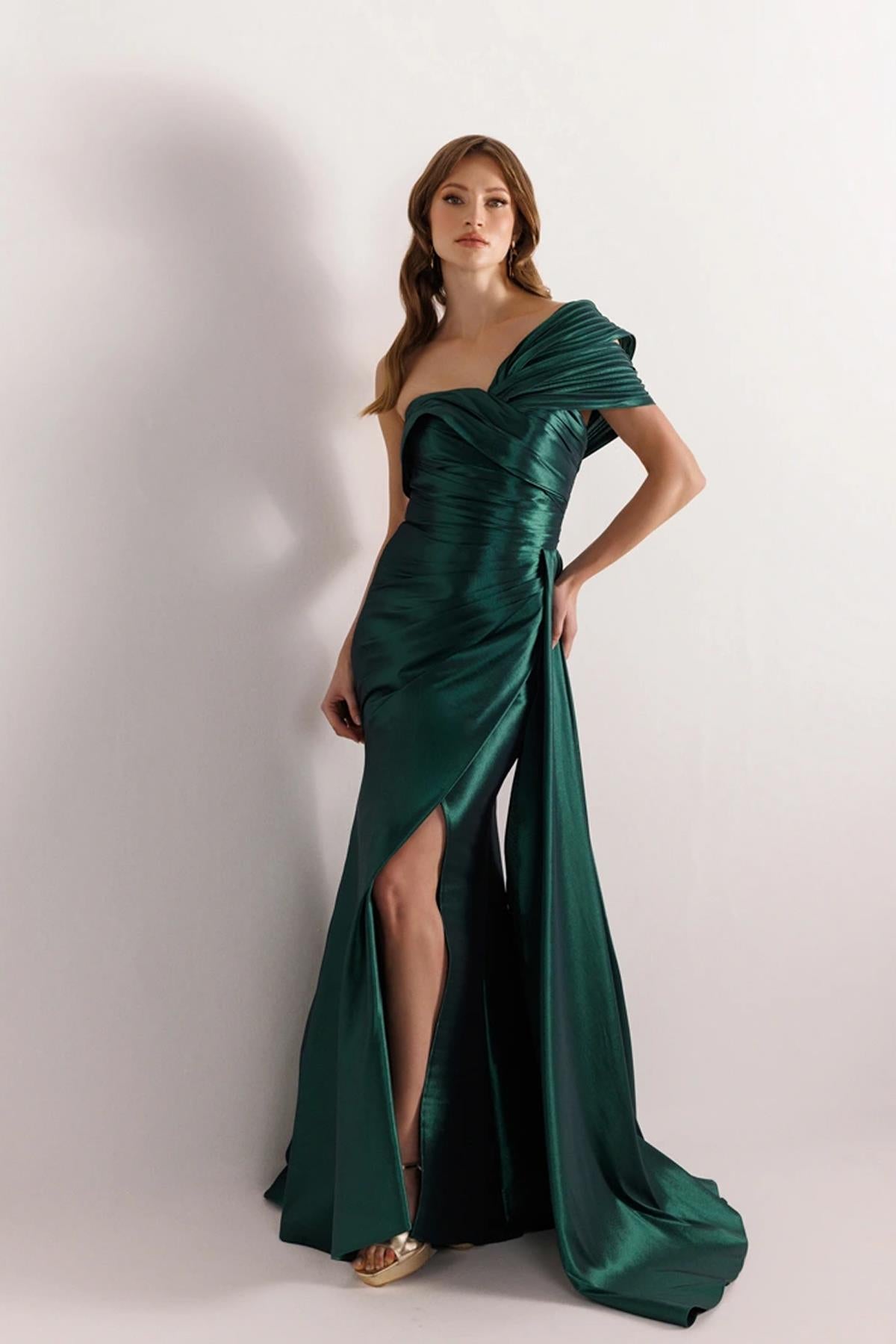Draped Waist One Shoulder Slit Evening Dress