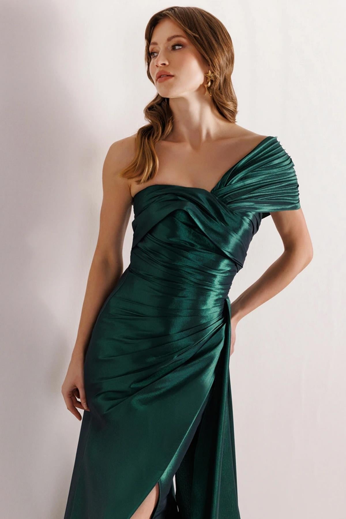 Draped Waist One Shoulder Slit Evening Dress