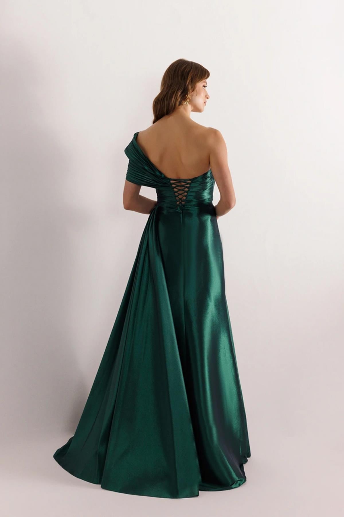 Draped Waist One Shoulder Slit Evening Dress