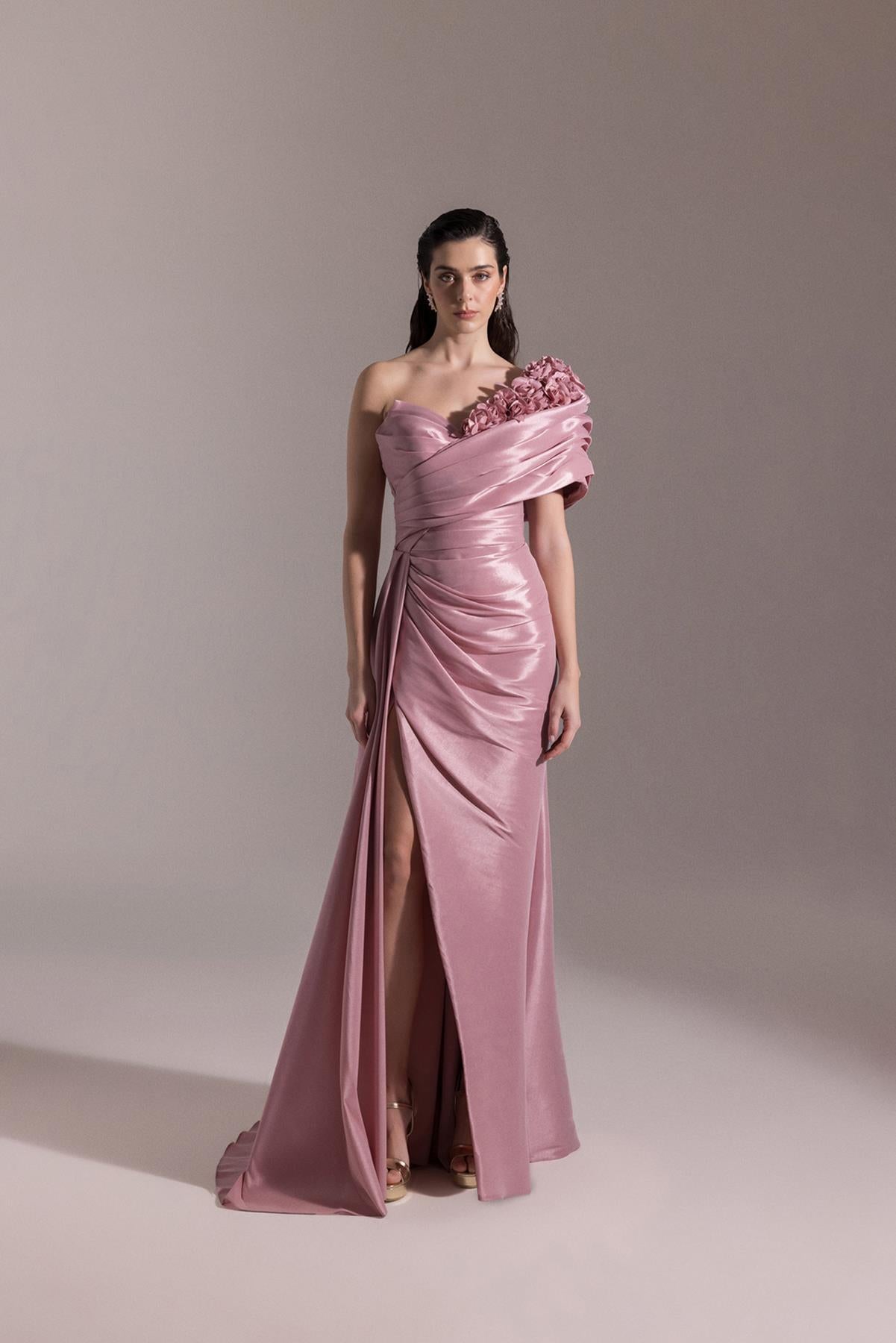 One Shoulder Flower Detailed Slit Evening Dress