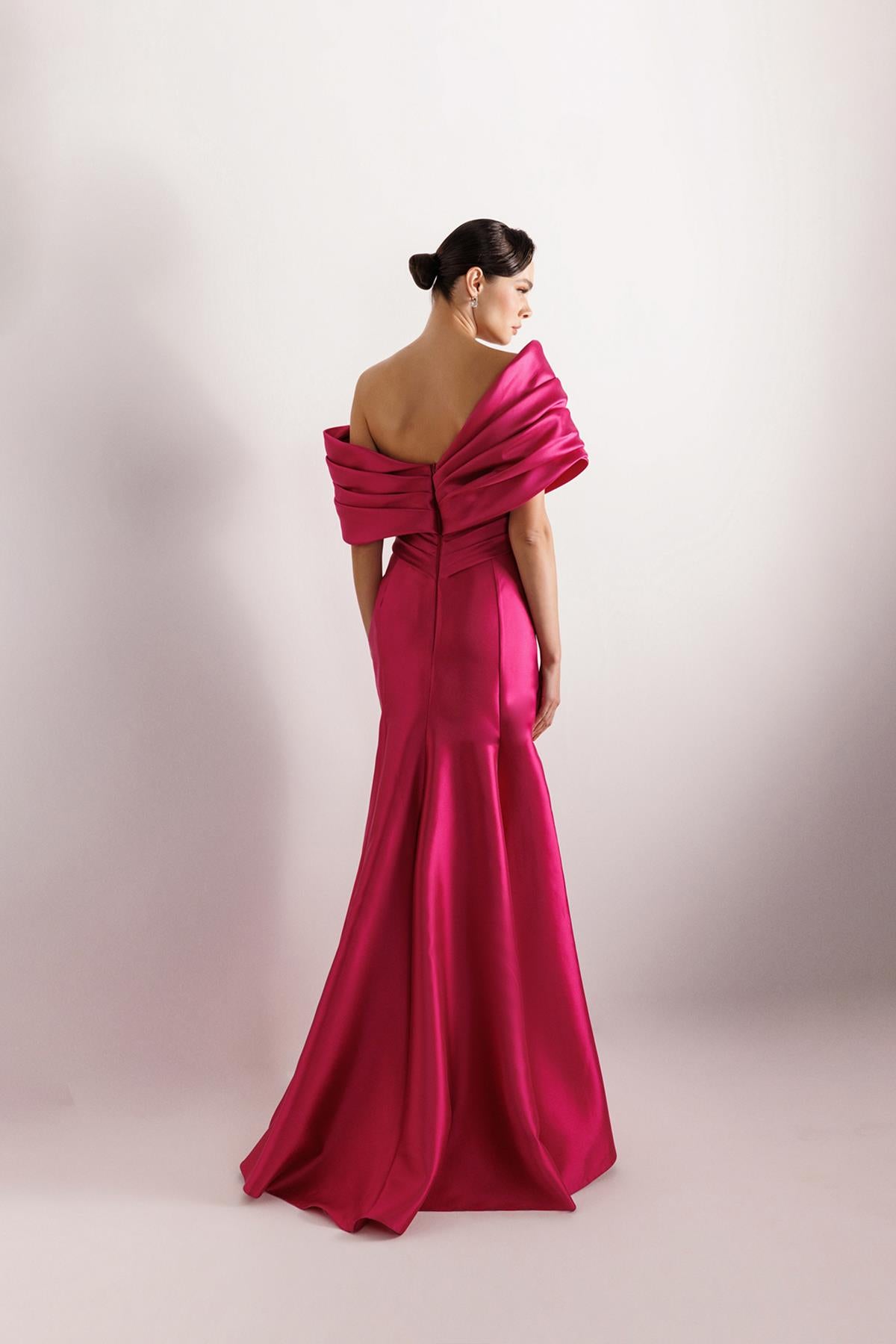 Off Shoulder Draped Satin Long Evening Dress