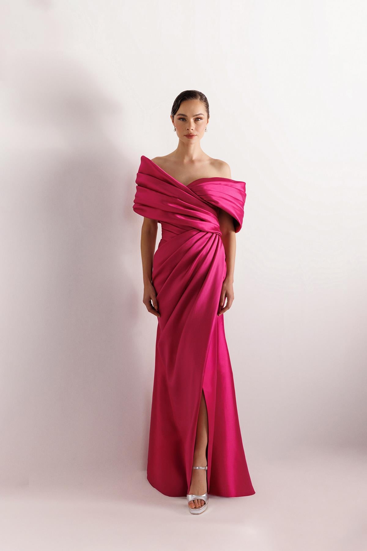 Off Shoulder Draped Satin Long Evening Dress