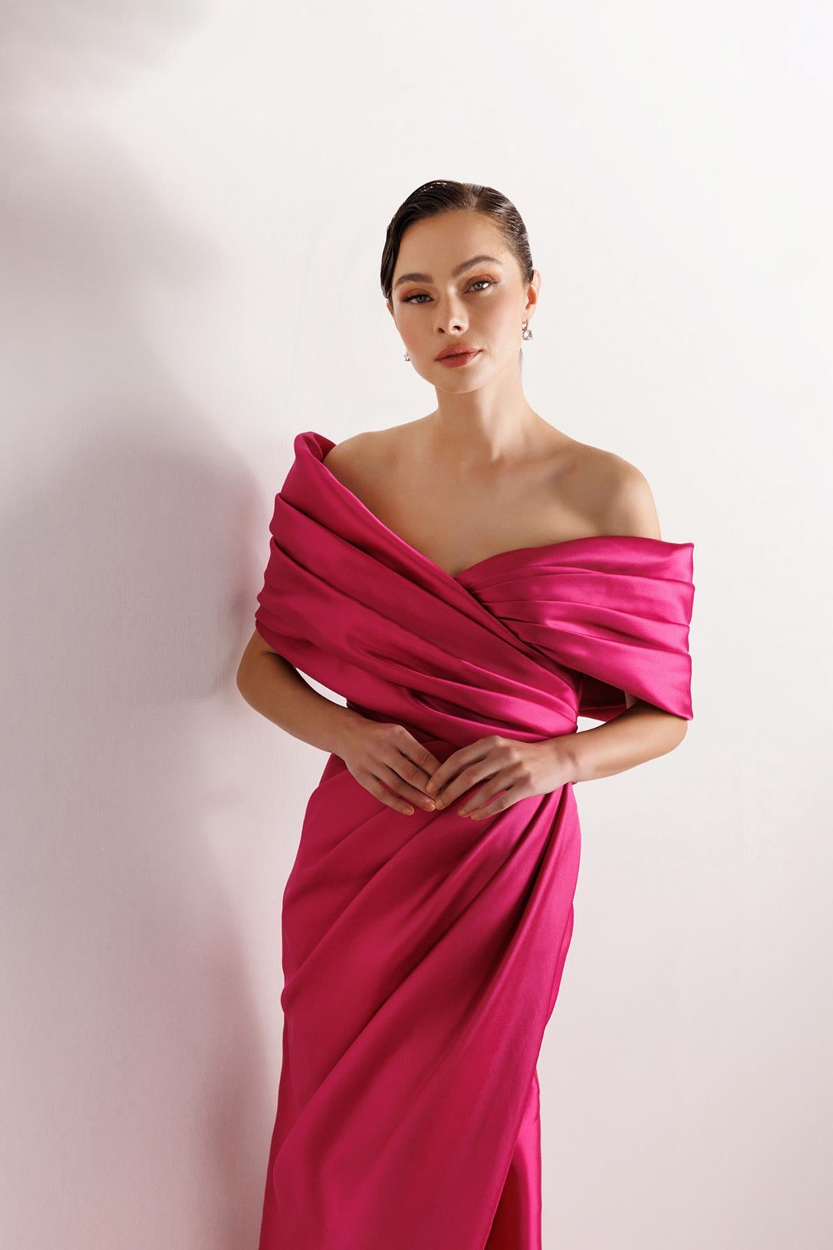 Off Shoulder Draped Satin Long Evening Dress