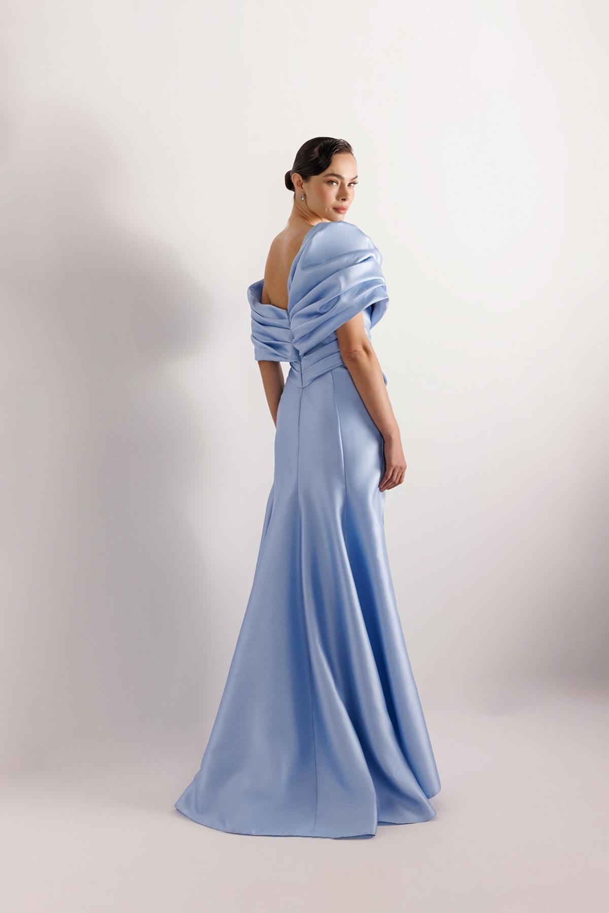 Off Shoulder Draped Satin Long Evening Dress
