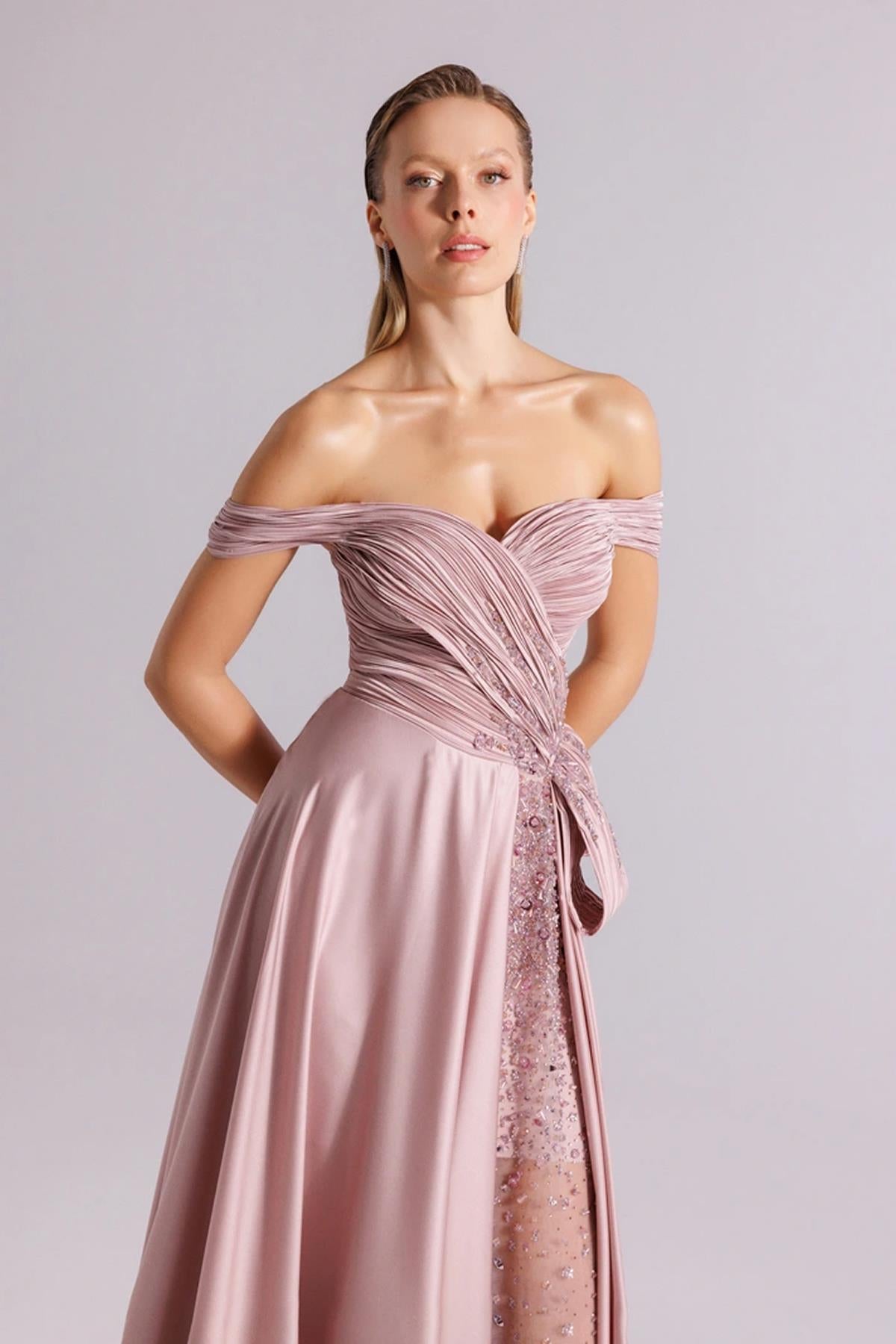 Flared Evening Dress with Transparent Embroidered Crepe Detail and Underskirt
