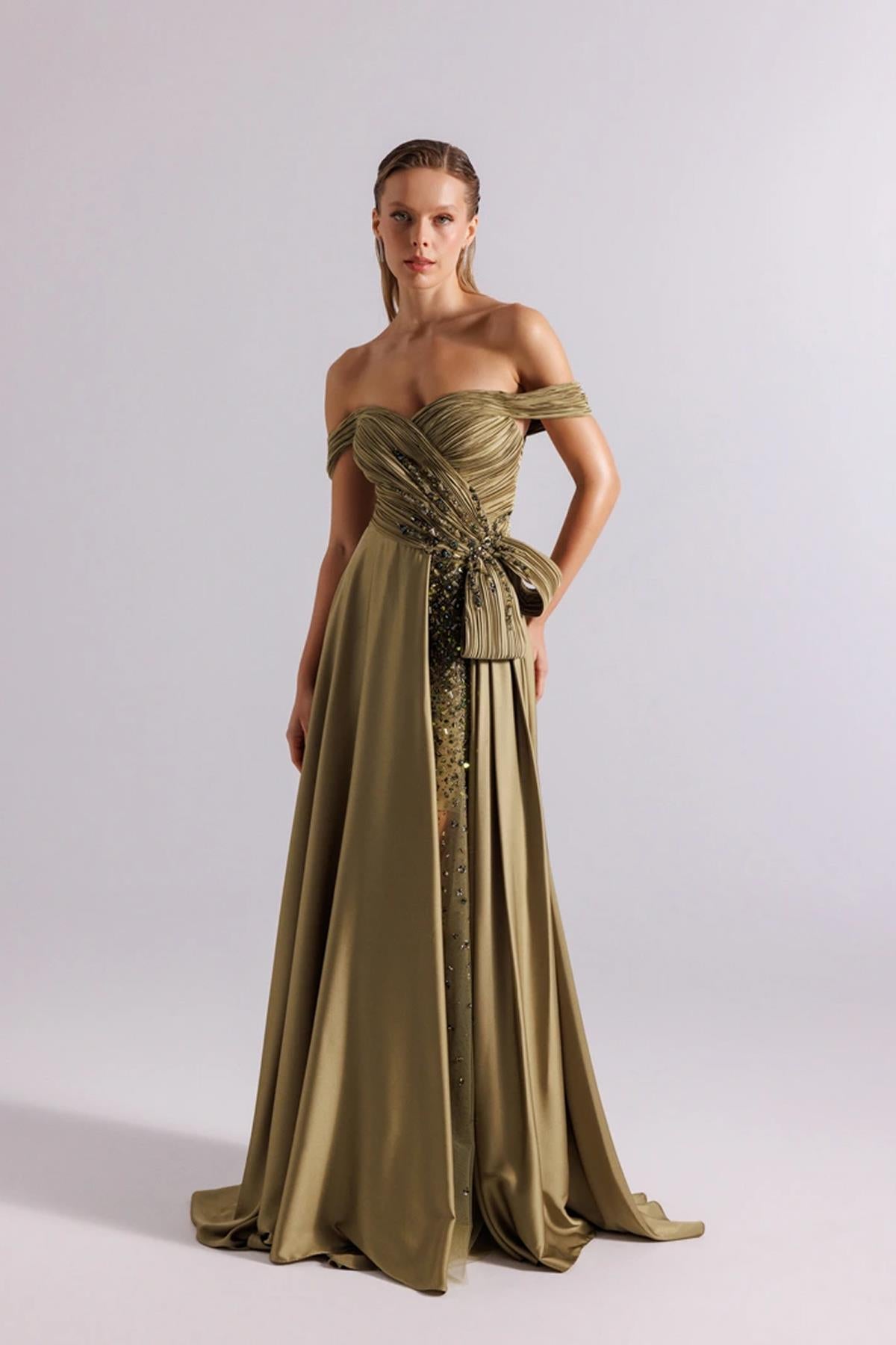 Flared Evening Dress with Transparent Embroidered Crepe Detail and Underskirt