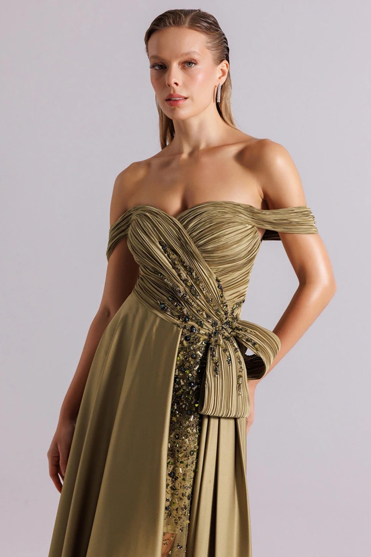 Flared Evening Dress with Transparent Embroidered Crepe Detail and Underskirt