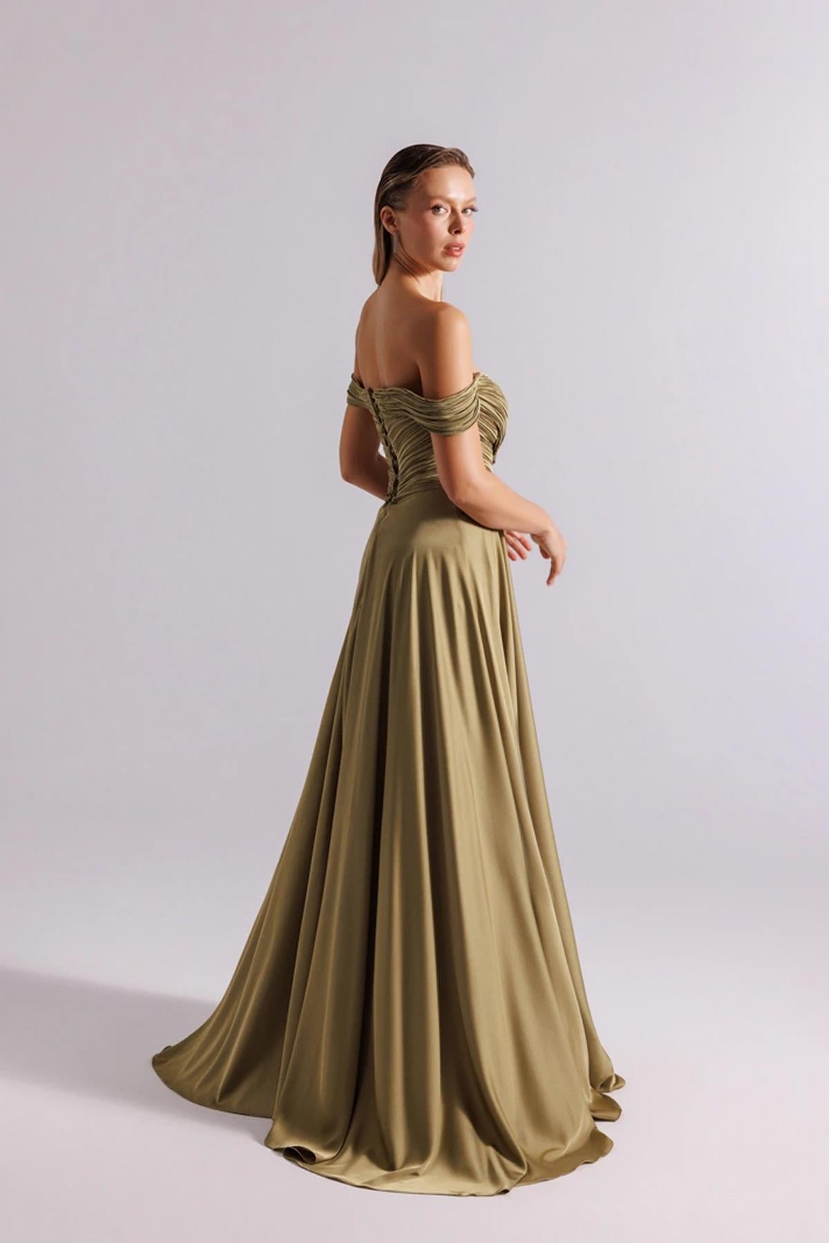 Flared Evening Dress with Transparent Embroidered Crepe Detail and Underskirt