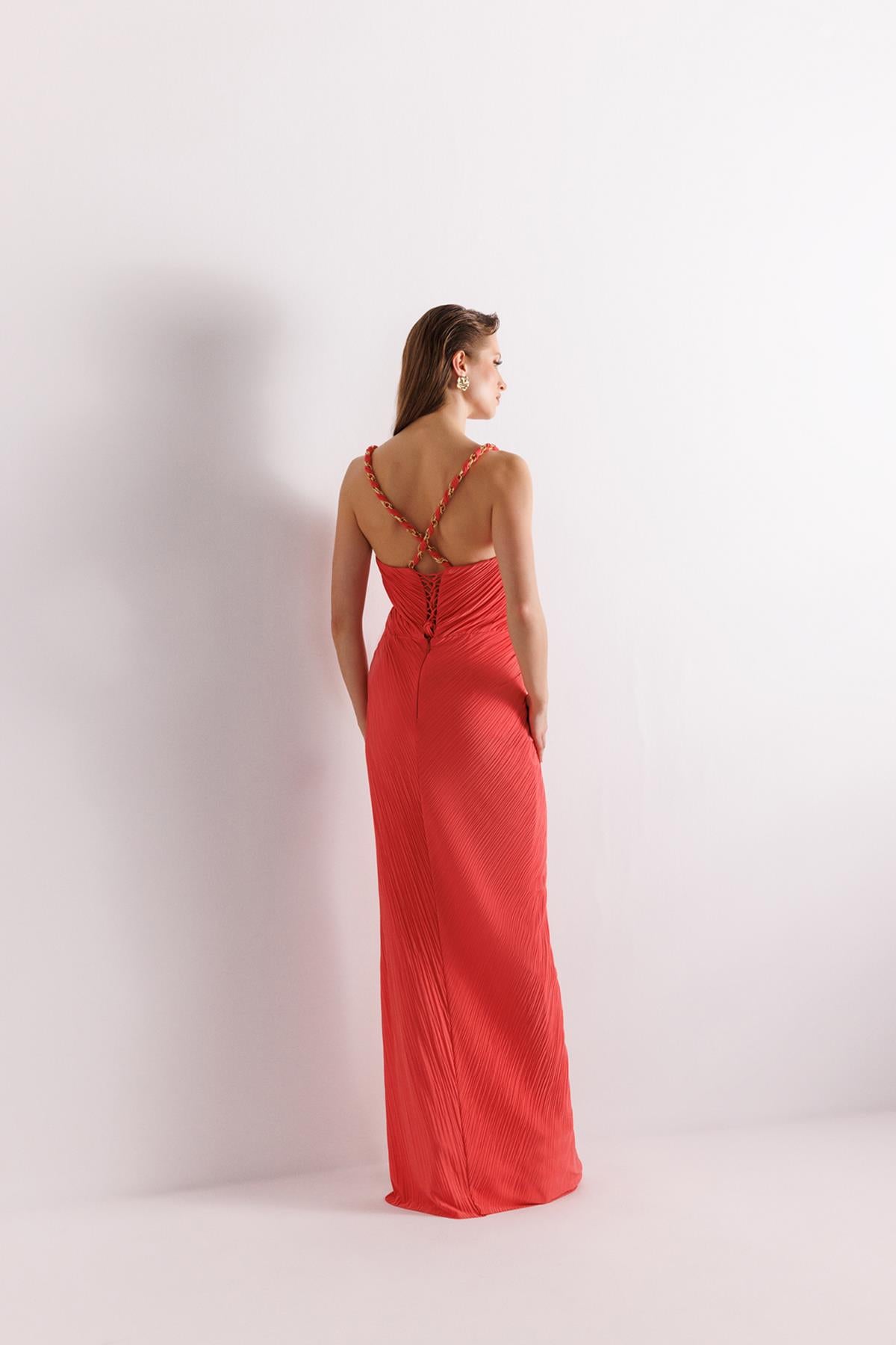 Chain Strap Detailed Crepe Evening Dress