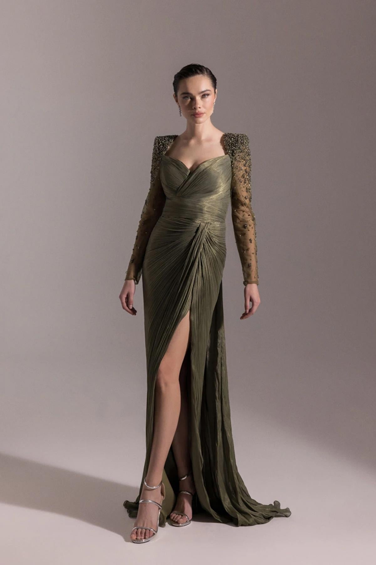 Pleated Plus Size Evening Dress with Embroidered Shoulders Pleated Plus Size Evening Dress with Embroidered Shoulders