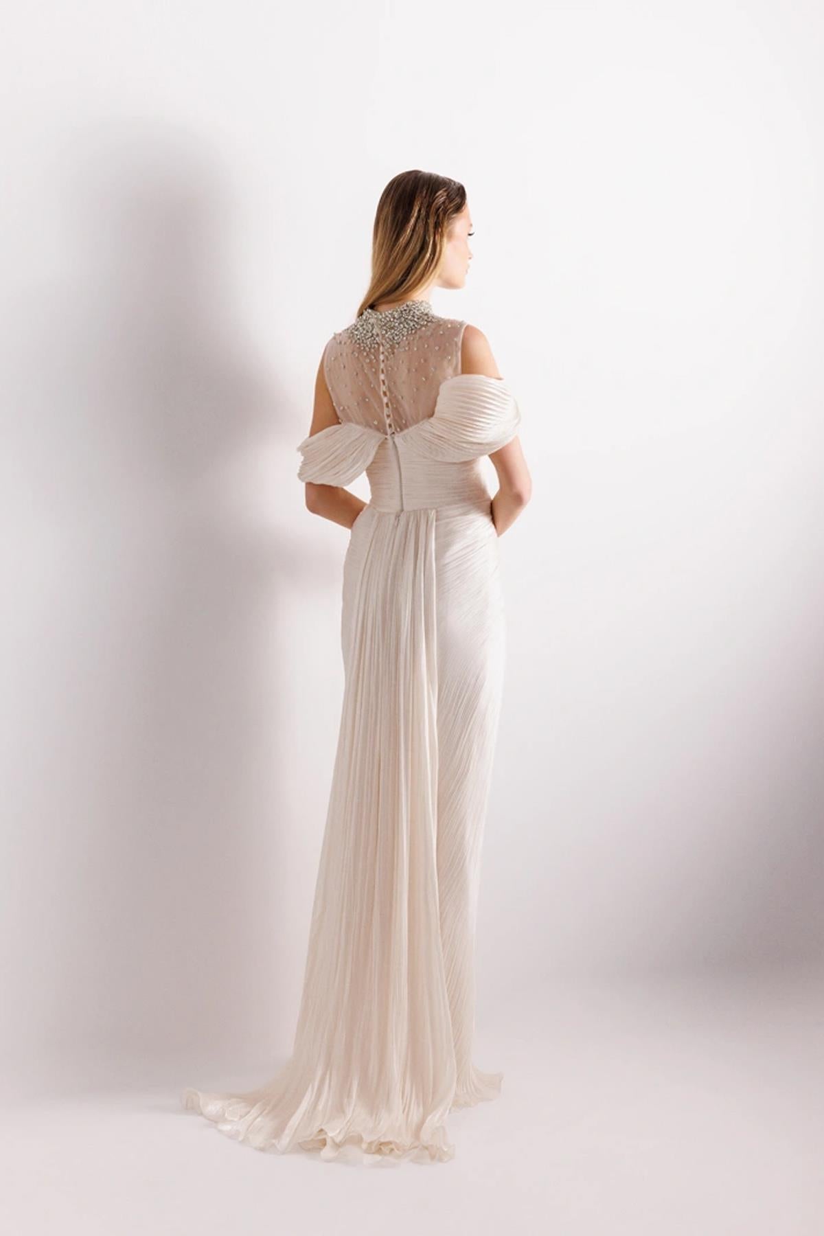 Pleated Tail Evening Dress with Neck Embroidery Detail