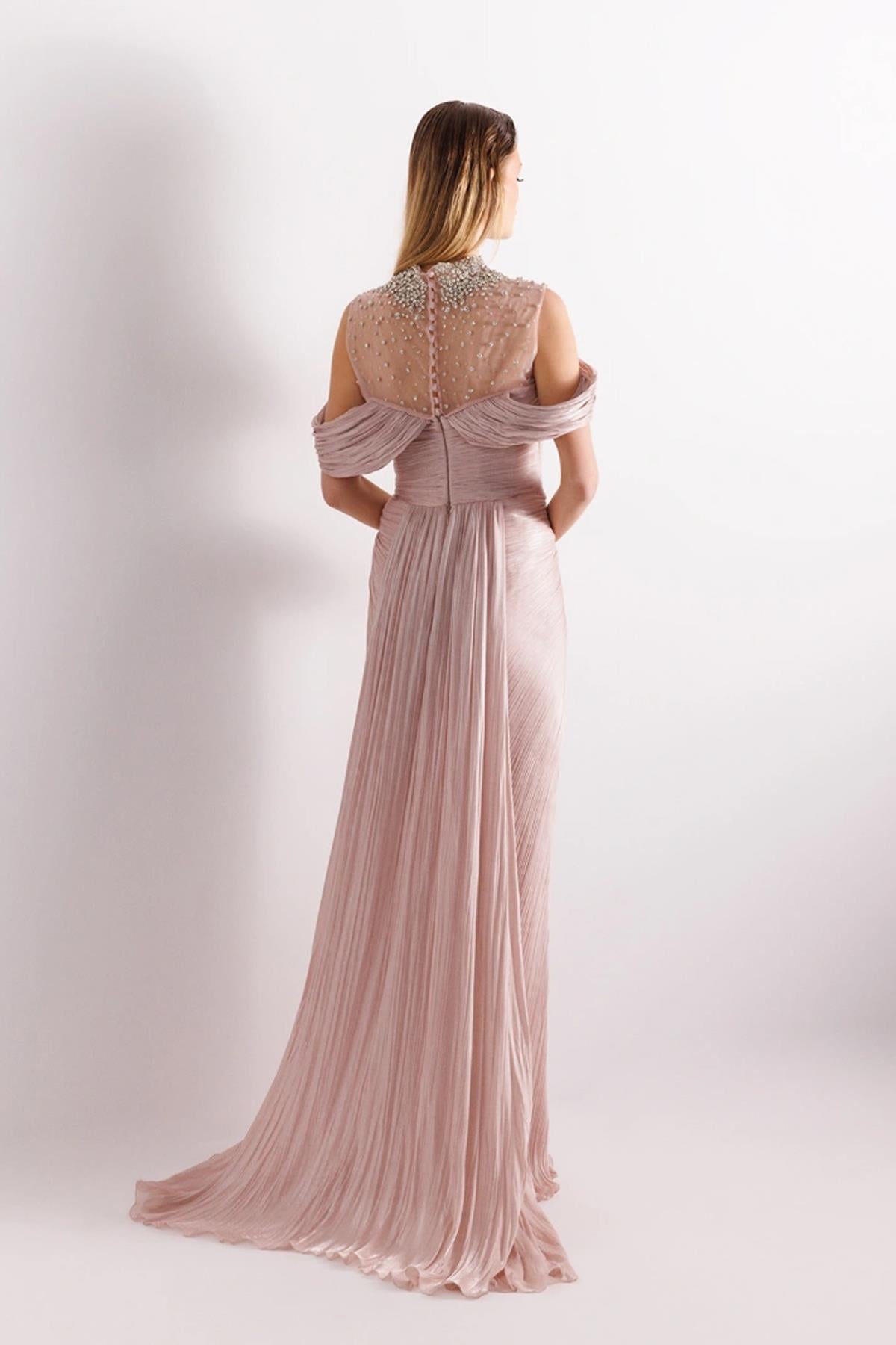 Pleated Tail Evening Dress with Neck Embroidery Detail