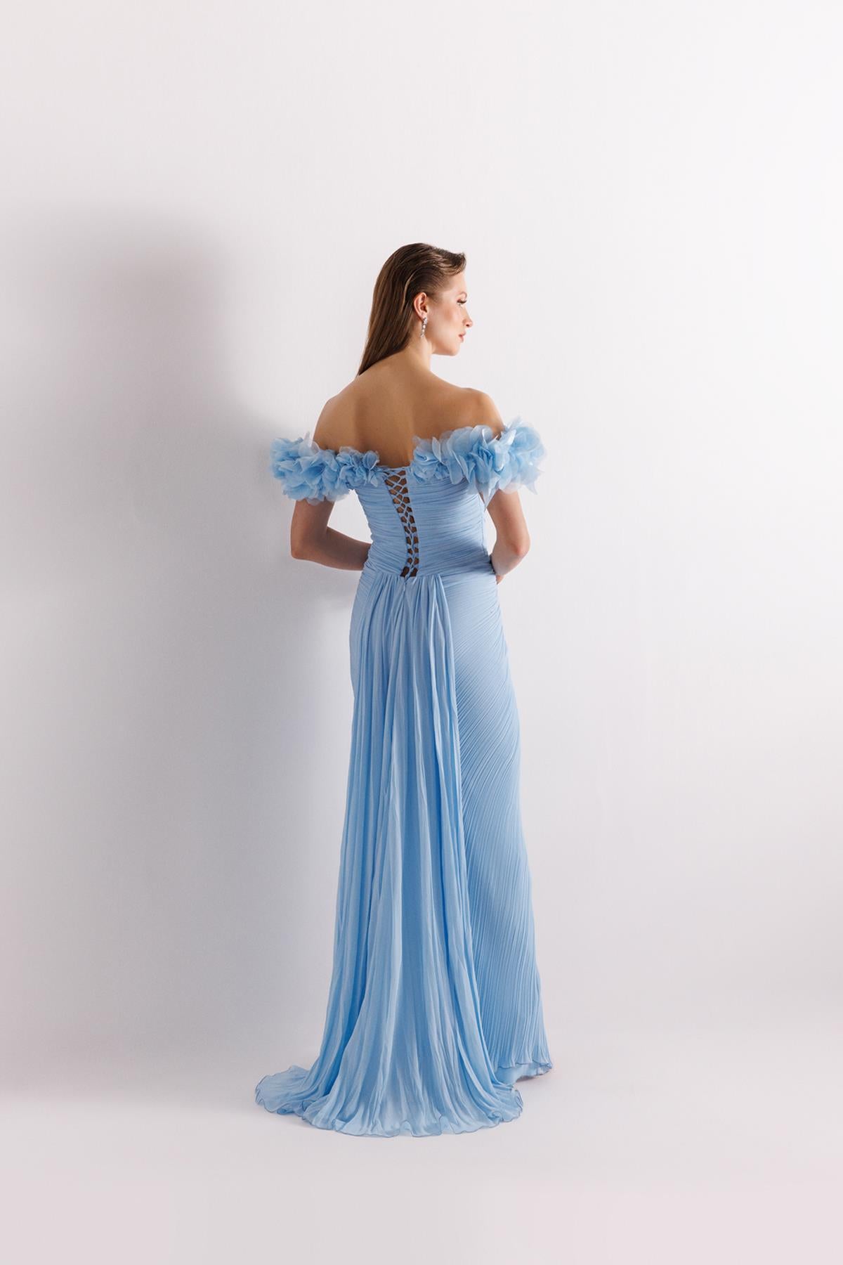 Off Shoulder Front Slit Crepe Chiffon Evening Dress