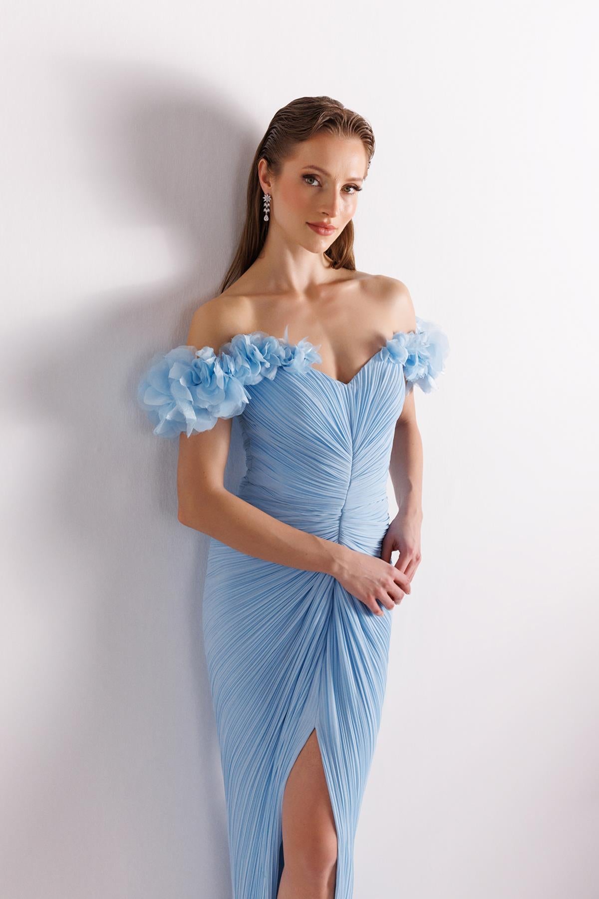 Off Shoulder Front Slit Crepe Chiffon Evening Dress