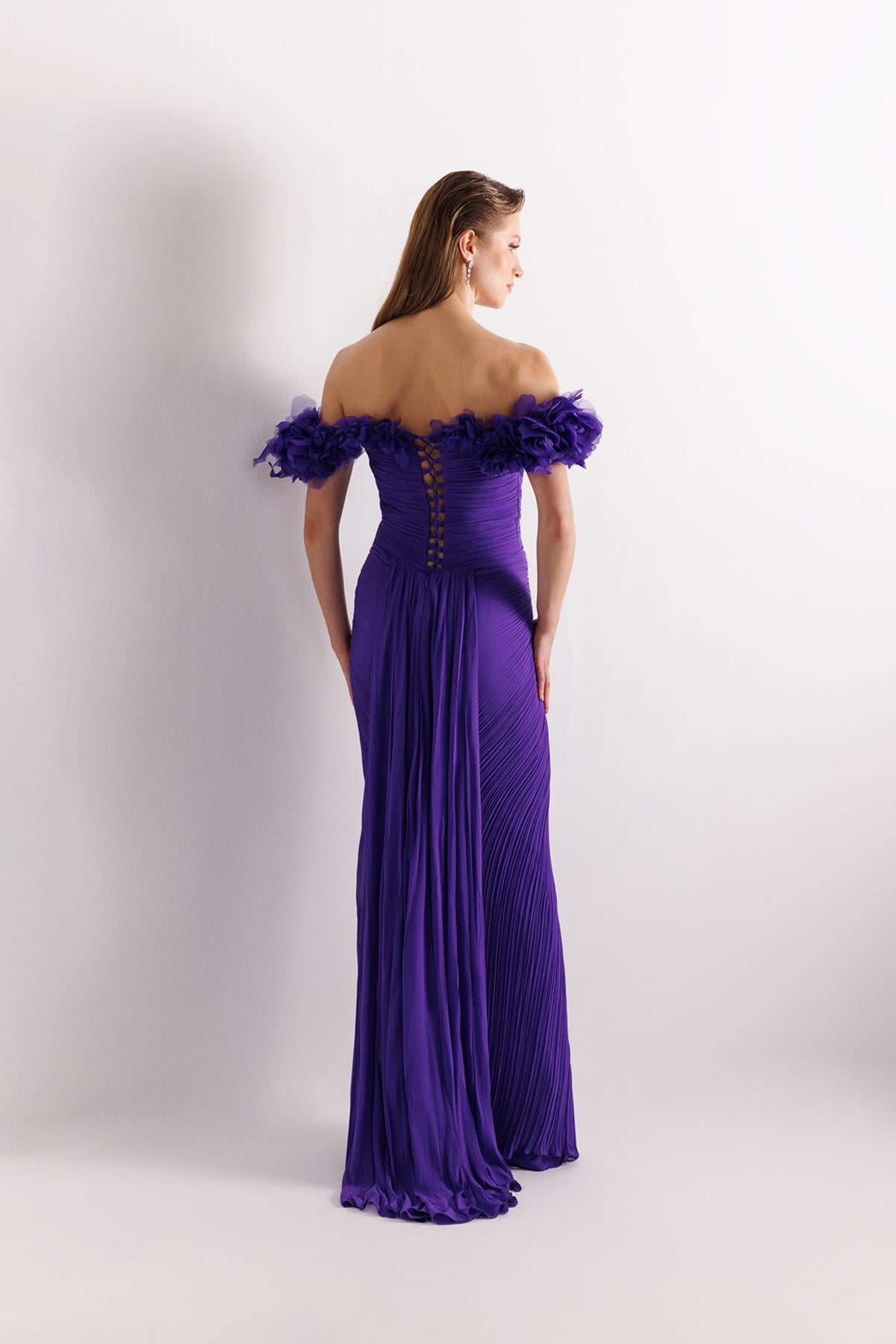 Off Shoulder Front Slit Crepe Chiffon Evening Dress