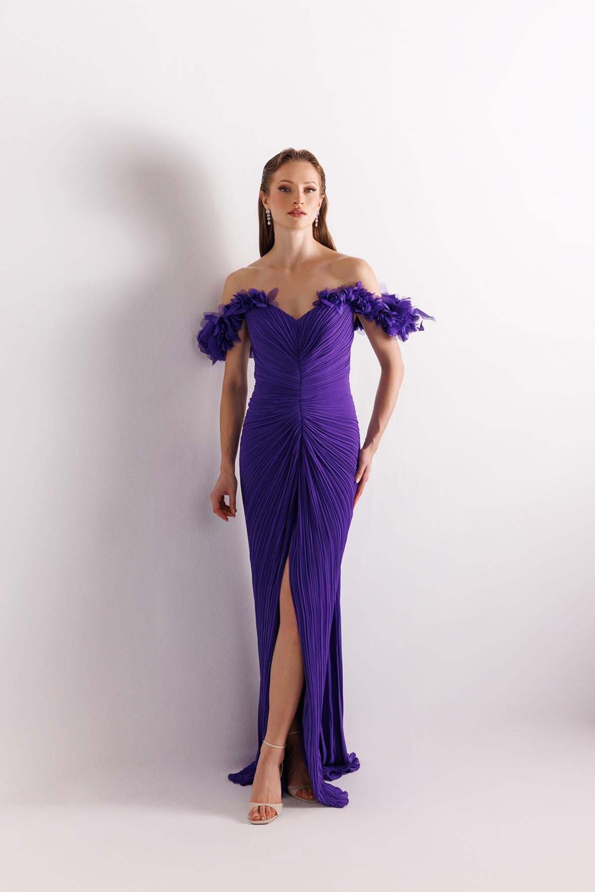 Off Shoulder Front Slit Crepe Chiffon Evening Dress
