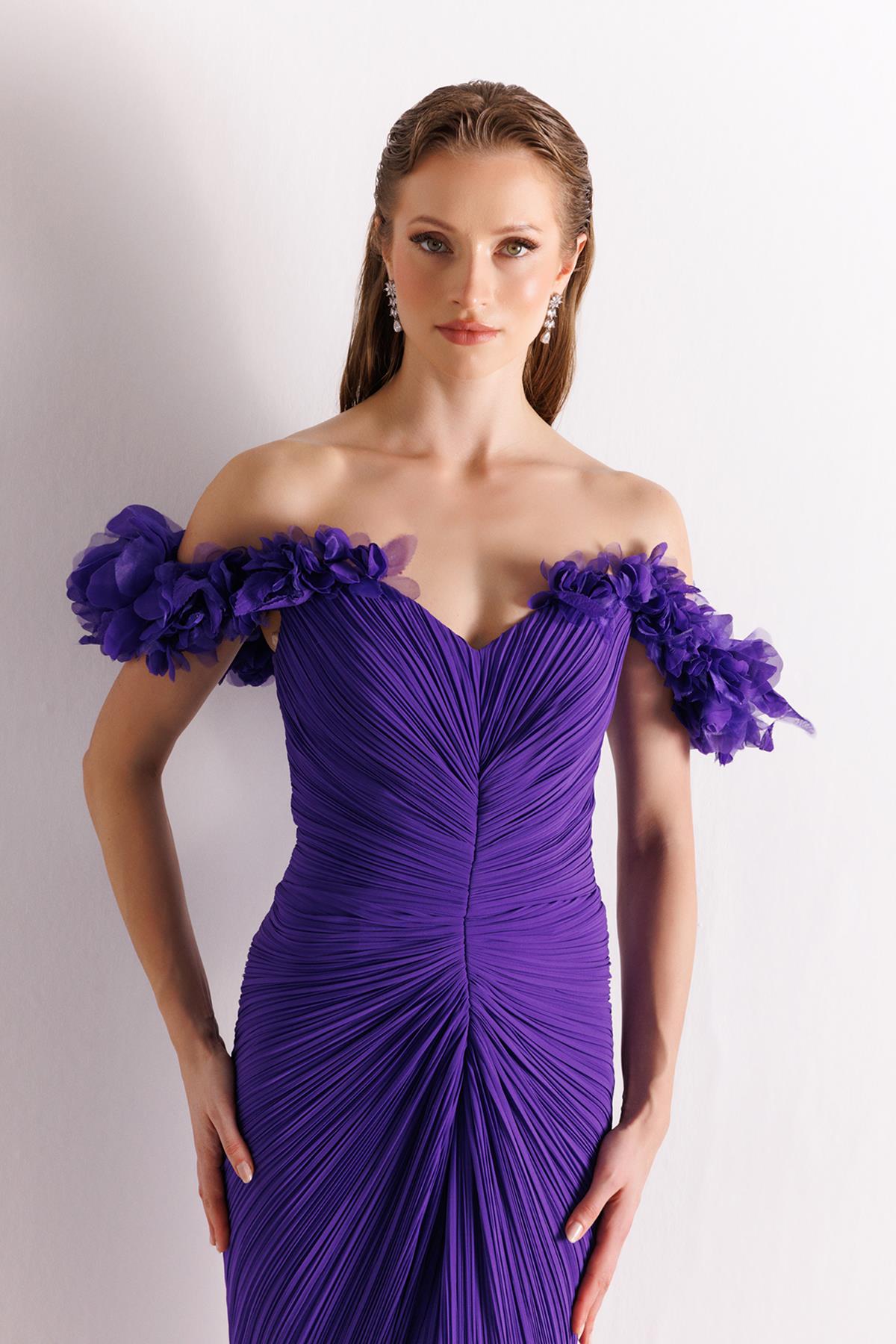 Off Shoulder Front Slit Crepe Chiffon Evening Dress