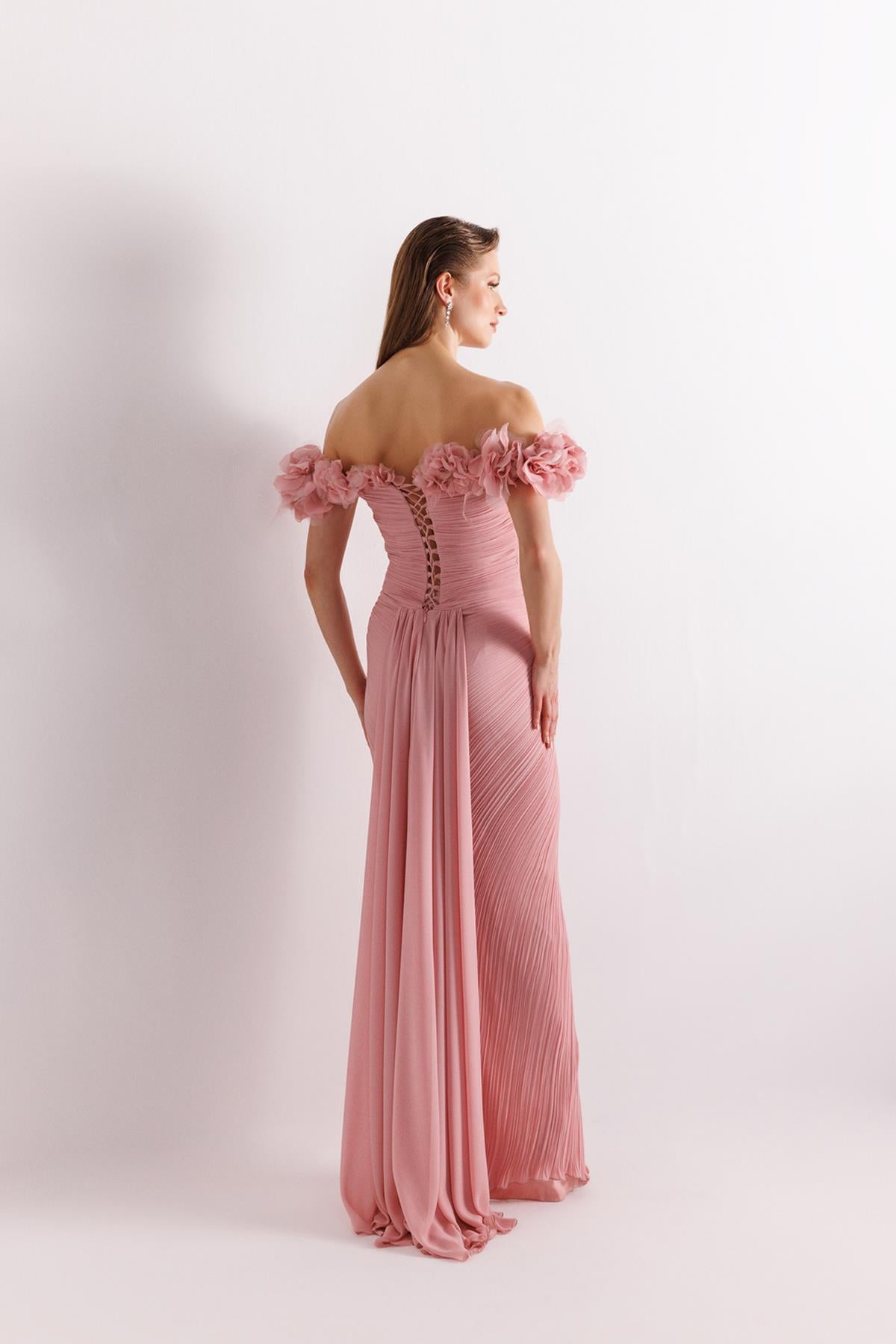 Off Shoulder Front Slit Crepe Chiffon Evening Dress