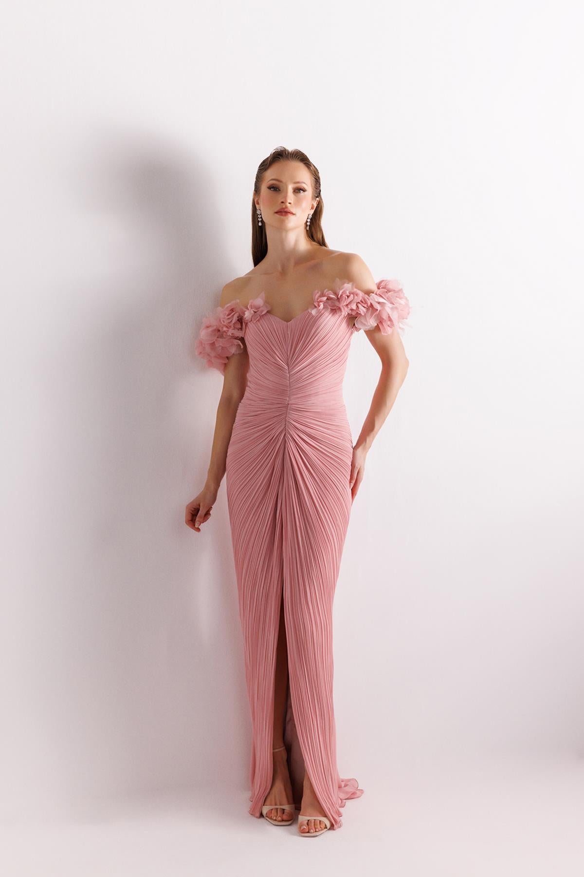 Off Shoulder Front Slit Crepe Chiffon Evening Dress