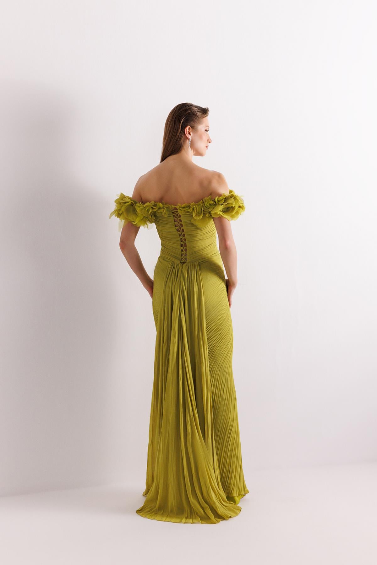 Off Shoulder Front Slit Crepe Chiffon Evening Dress