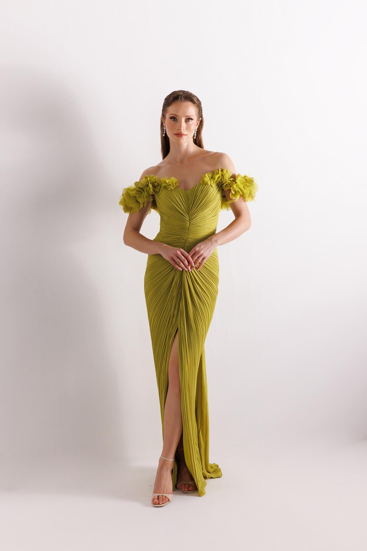 Off Shoulder Front Slit Crepe Chiffon Evening Dress