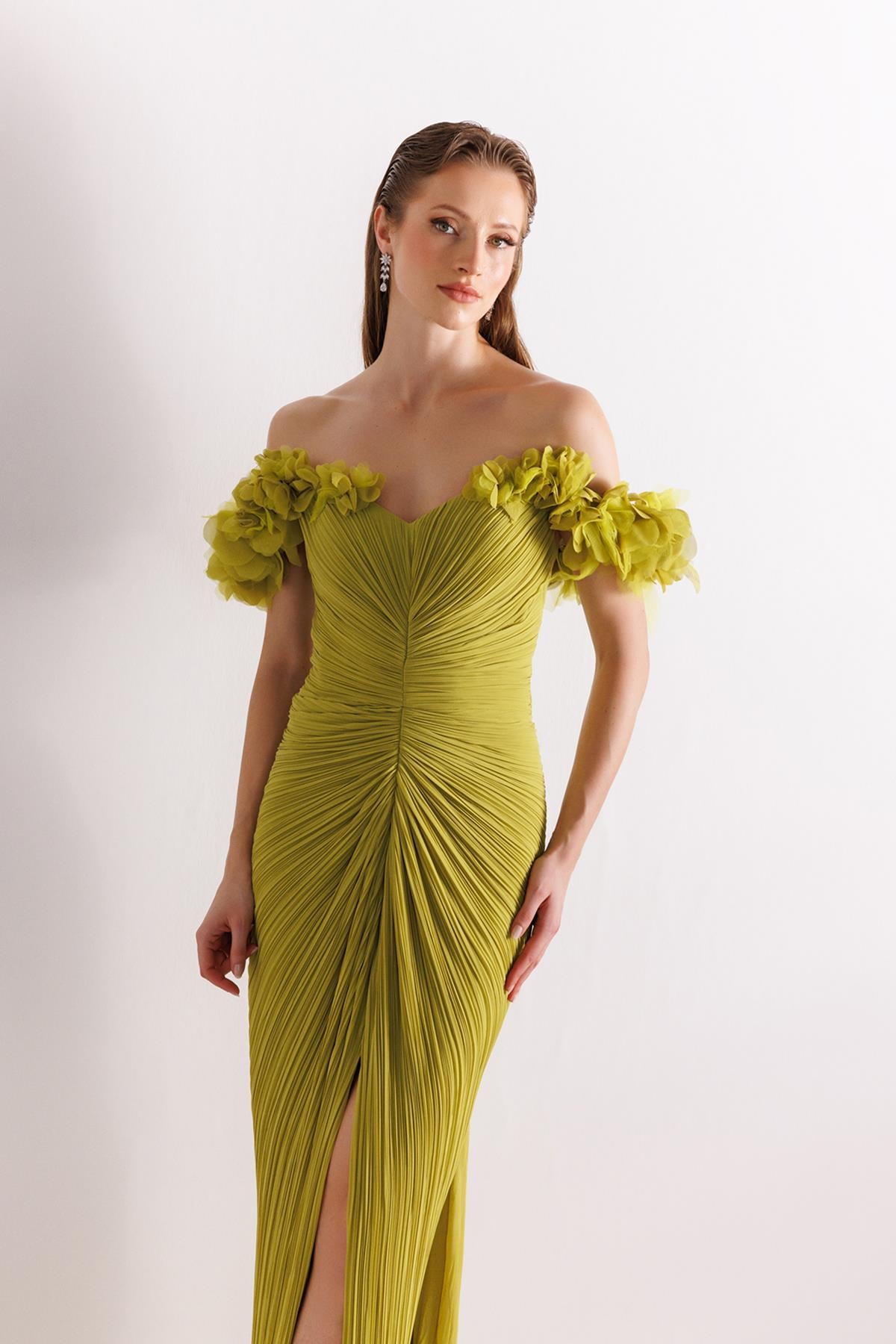 Off Shoulder Front Slit Crepe Chiffon Evening Dress