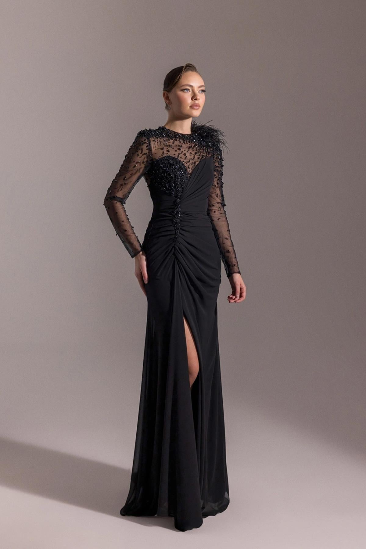 Embroidered Sleeves Pleated Asymmetrical Pleated Evening Dress