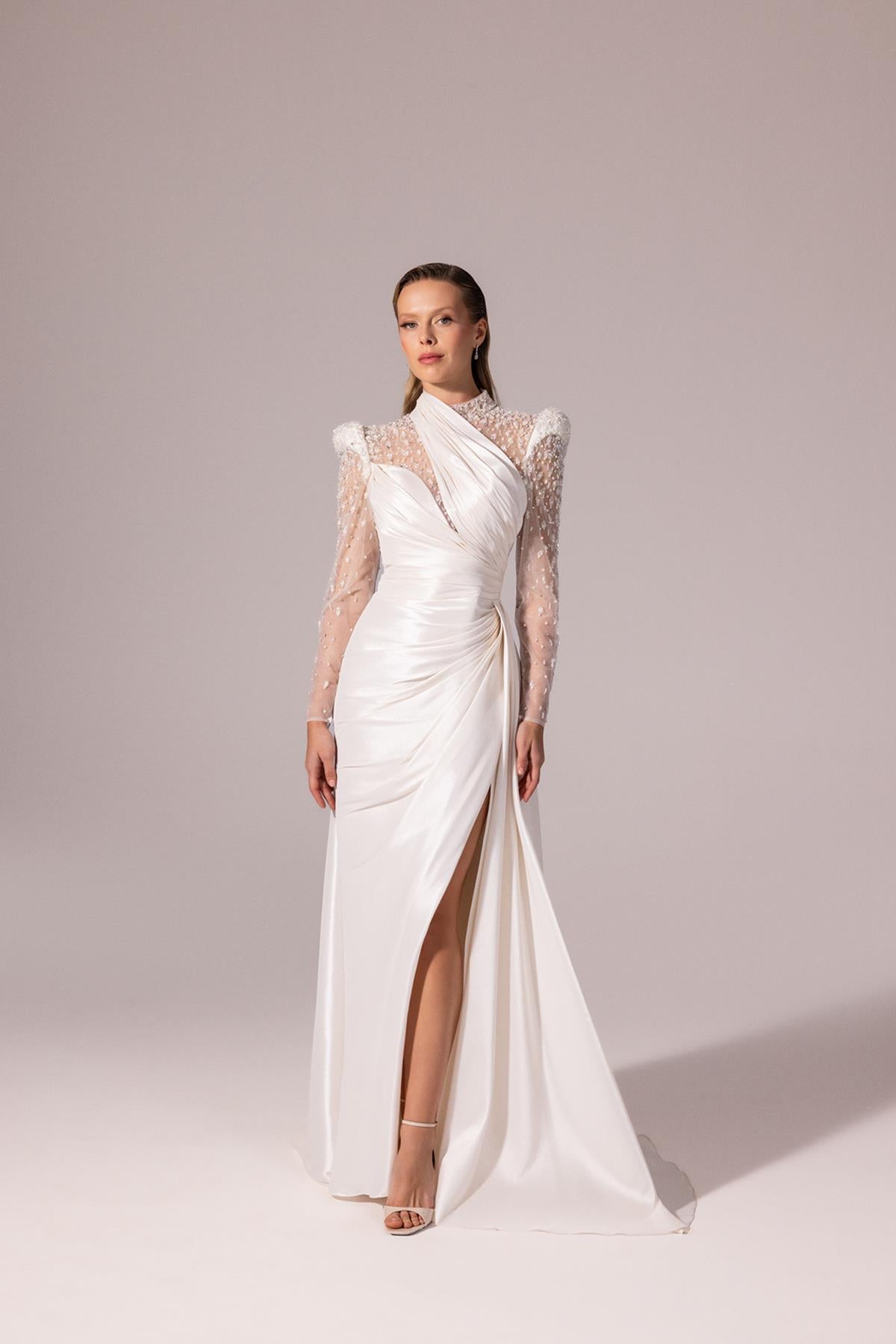 Embroidered Transparent Long Sleeve Taffeta Evening Dress