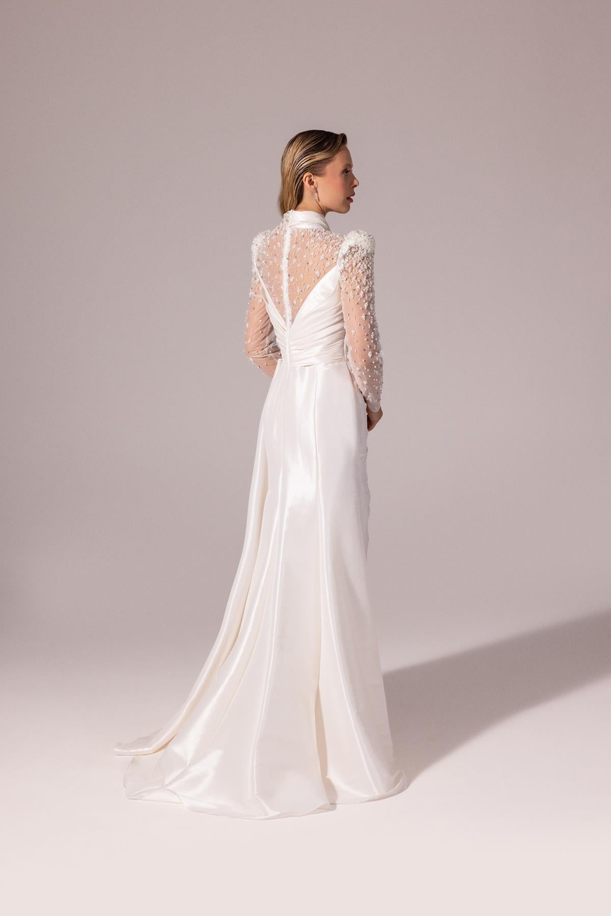 Embroidered Transparent Long Sleeve Taffeta Evening Dress