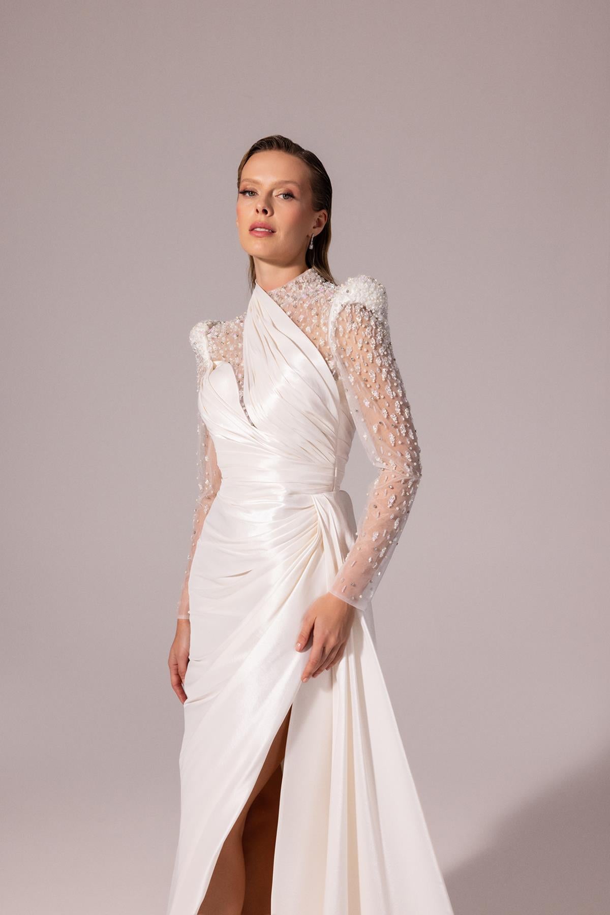 Embroidered Transparent Long Sleeve Taffeta Evening Dress