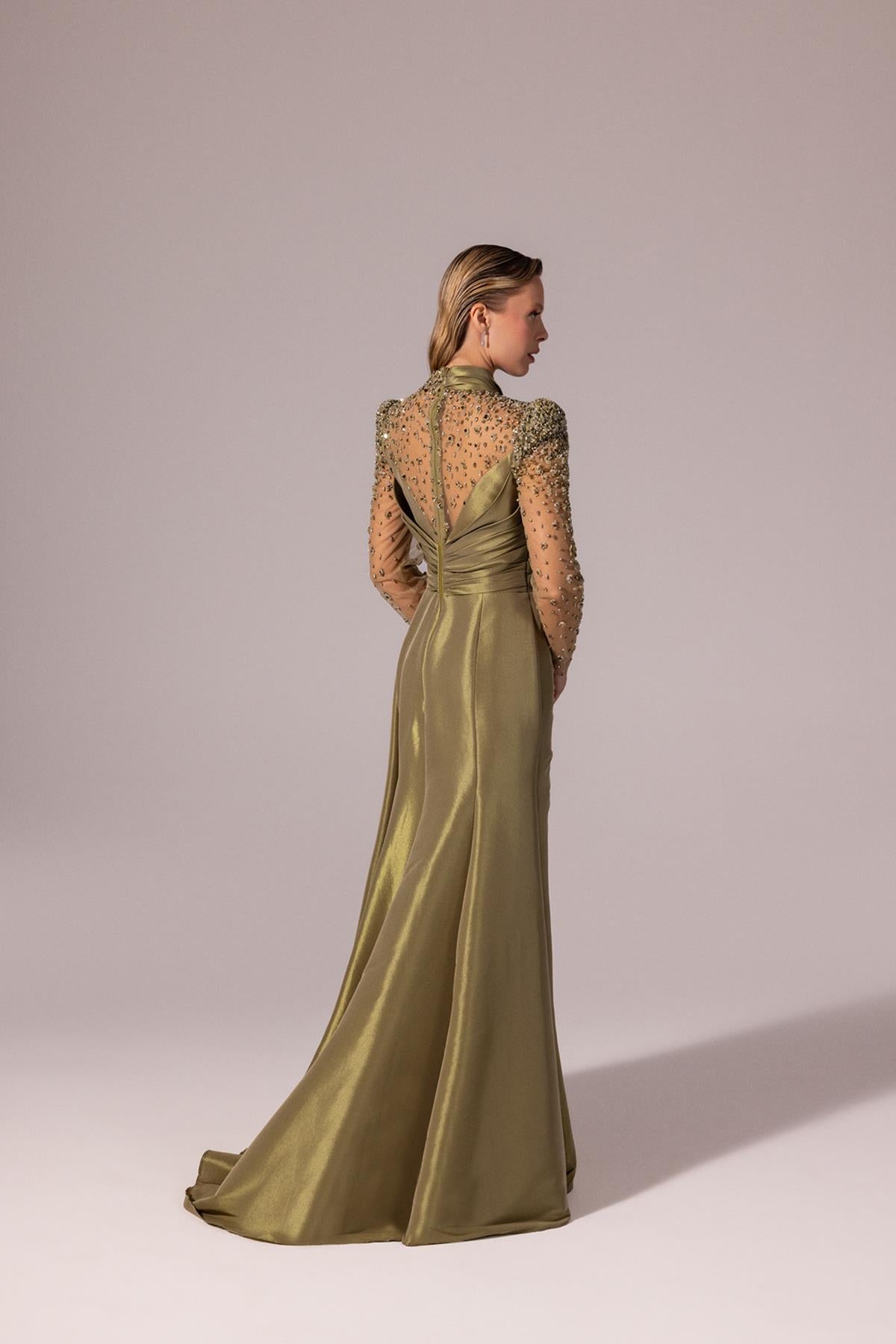 Embroidered Transparent Long Sleeve Taffeta Evening Dress